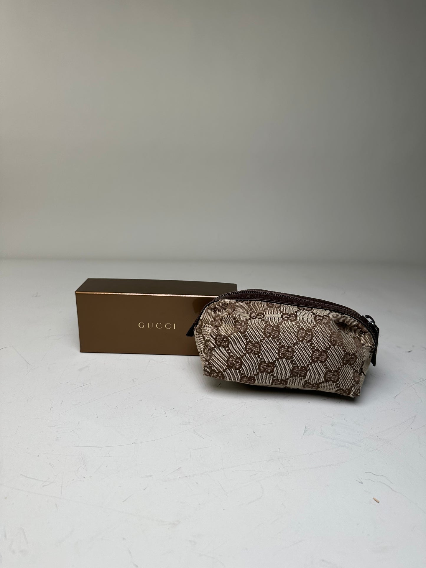 Vintage Gucci GG Monogram Coated Canvas Cosmetic Pouch Beige Brown