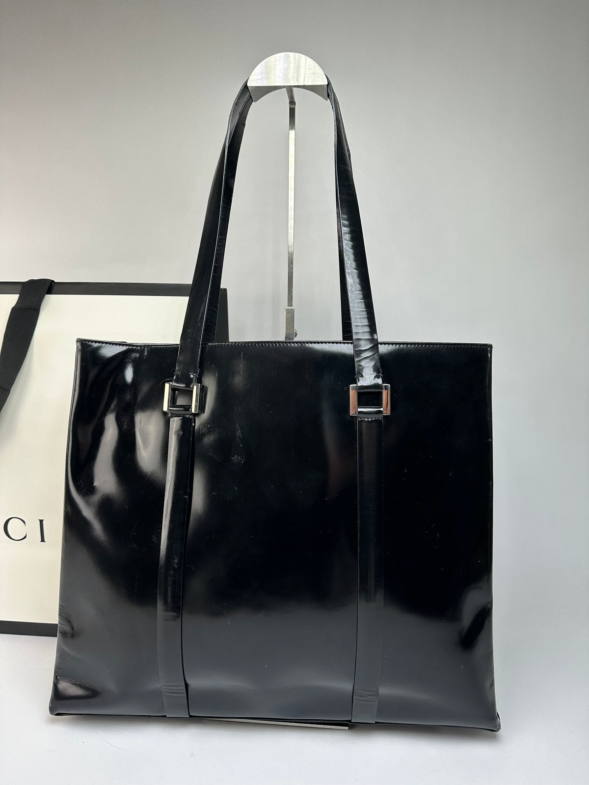 Vintage Gucci Patent Leather Tote Black Silver