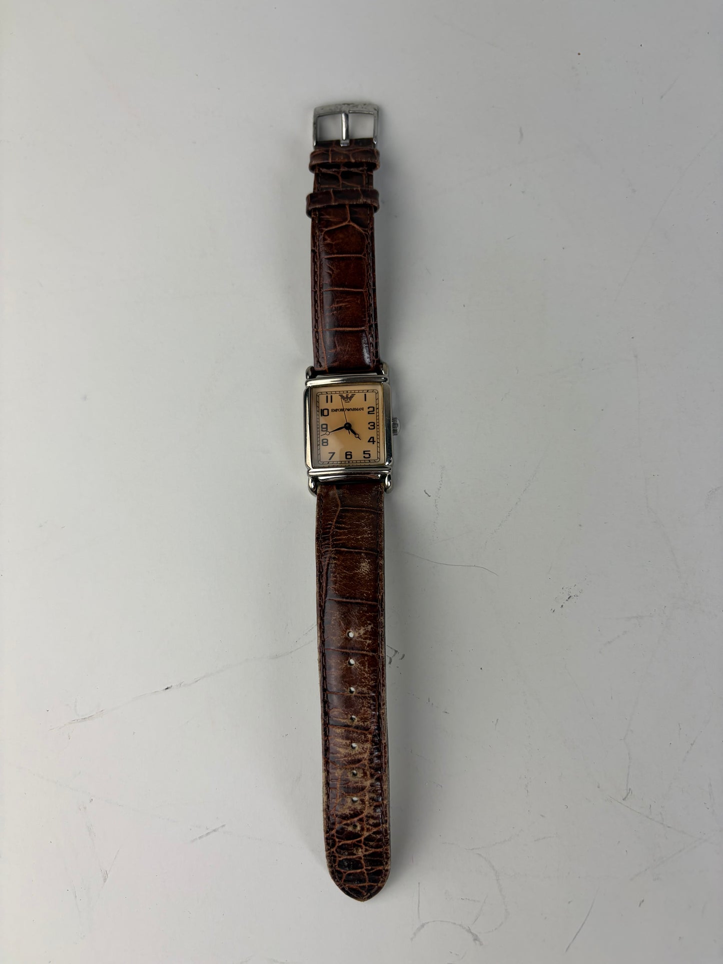 Vintage Giorgio Armani Leather Strap Watch Brown Silver