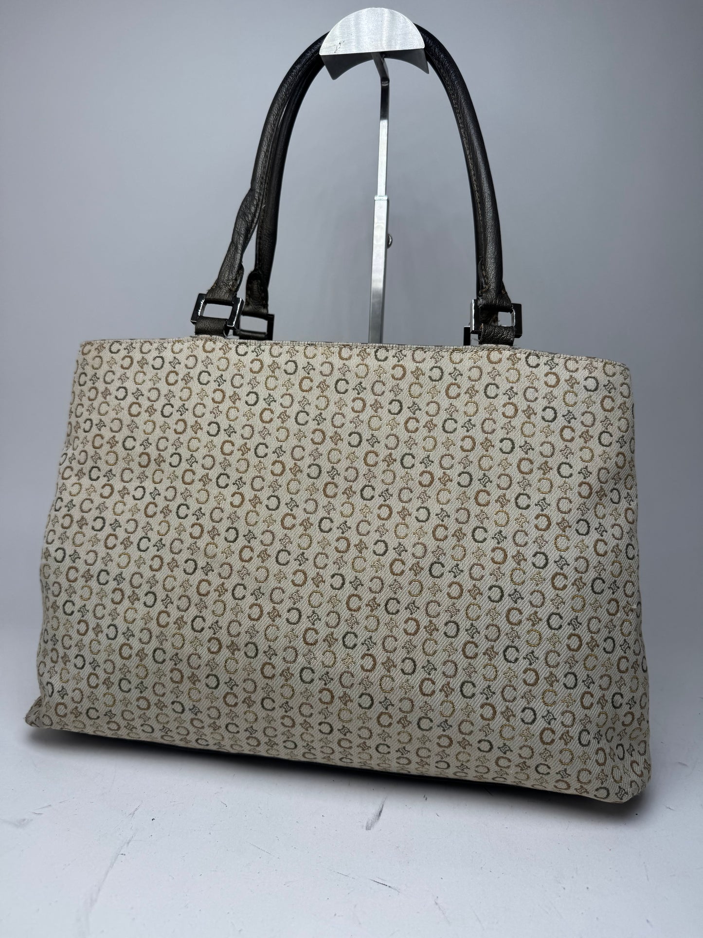 Vintage Celine Monogram Leather Canvas Tote Vaf beige Brown