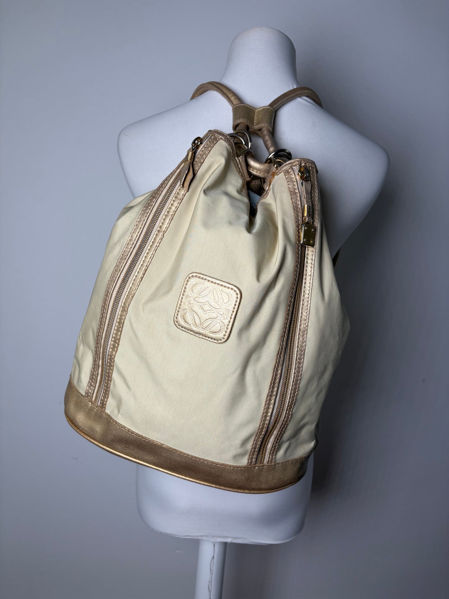 Vintage Loewe Drawstring Canvas Backpack Cream Gold