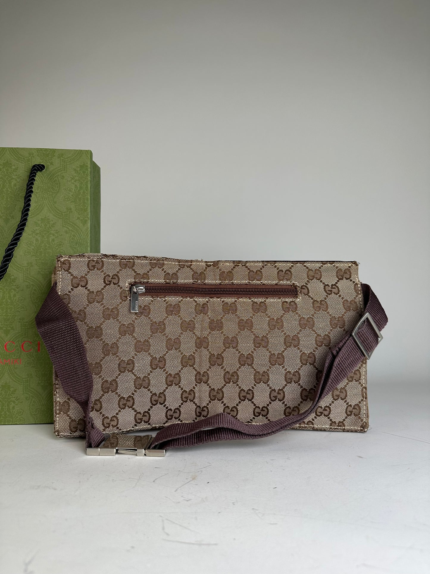 Vintage Gucci GG Canvas Belt Bag Silver Buckle Beige Brown