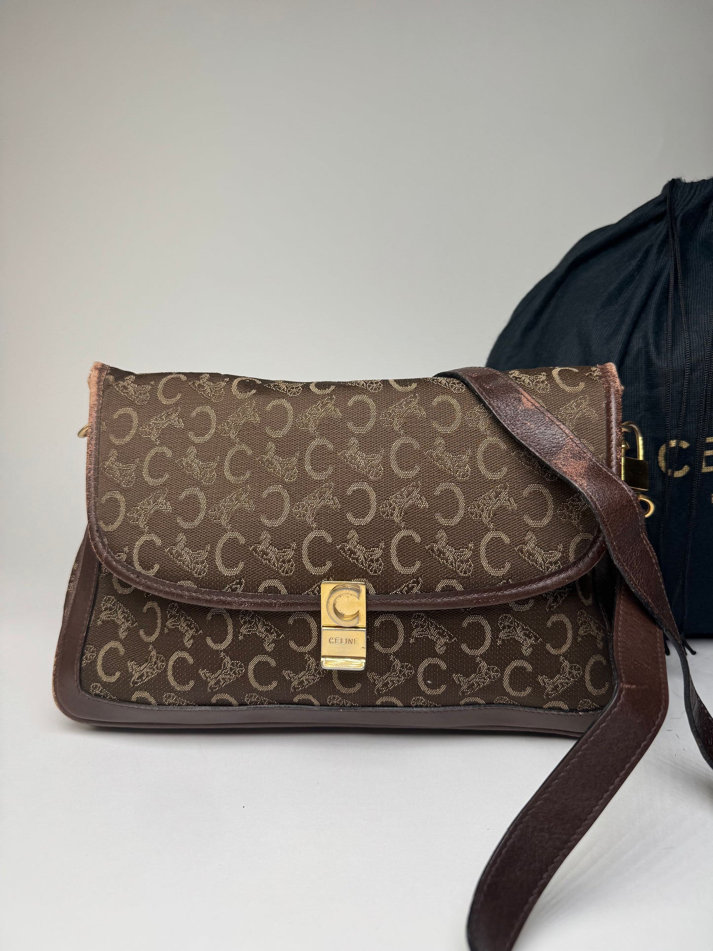 Vintage Celine Paris Monogram Shoulder / Crossbody Bag Brown