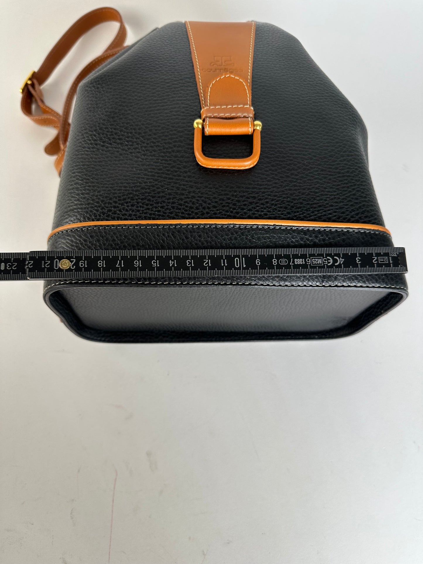 Vintage Courrèges AC Logo Leather Bucket Bag Black Cognac