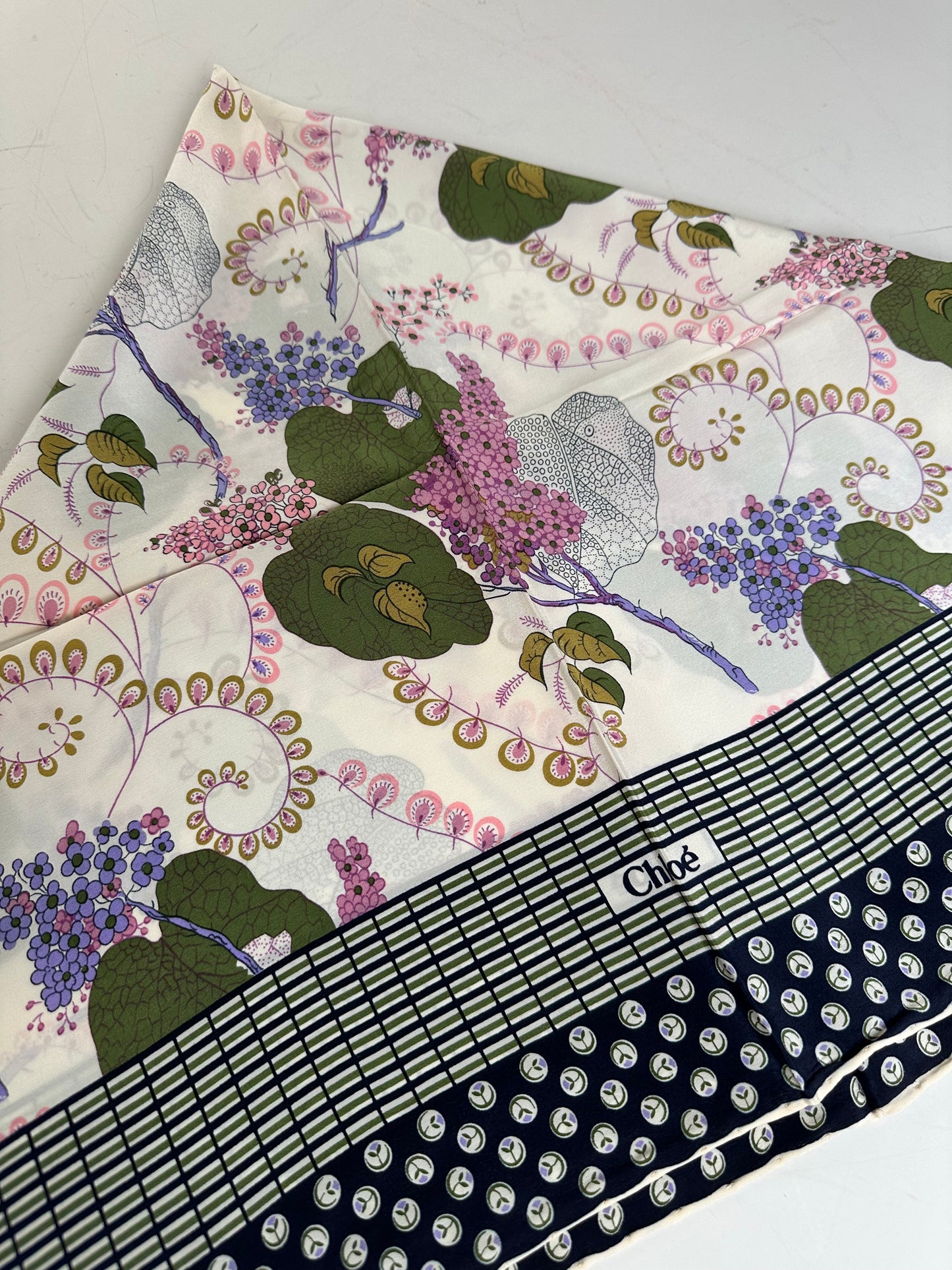 Vintage Chloe Floral Silk Scarf White Green Purple Navy