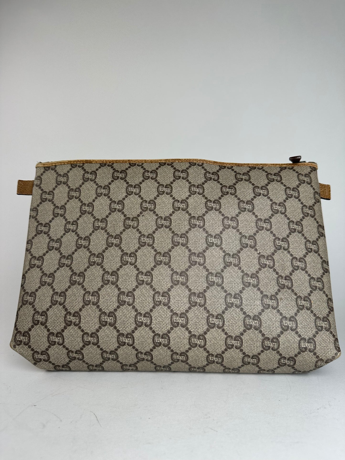 Vintage Gucci Plus Monogram Leather Clutch Grey Brown