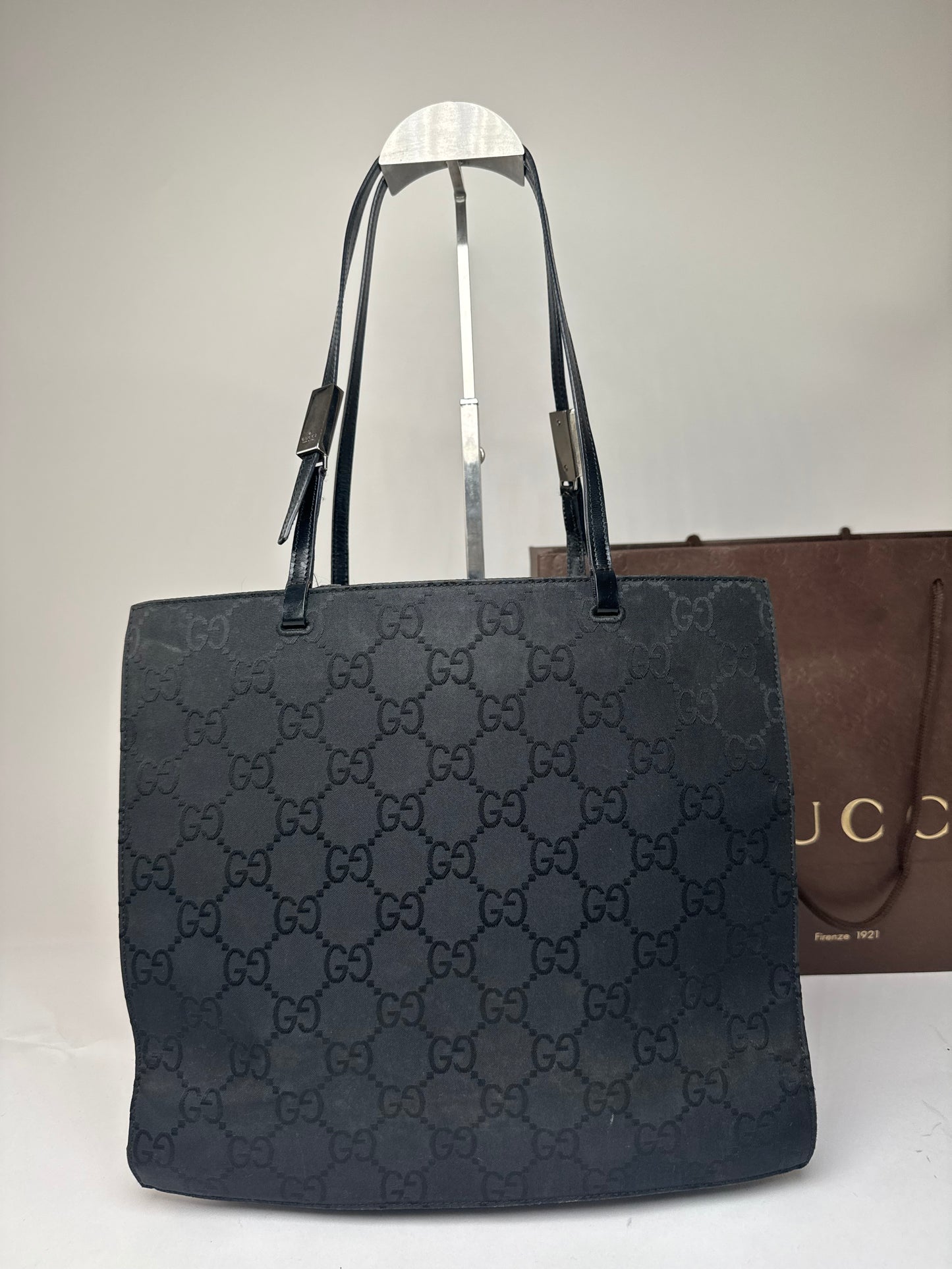 Vintage Gucci Monogram Leather Canvas Handbag Black