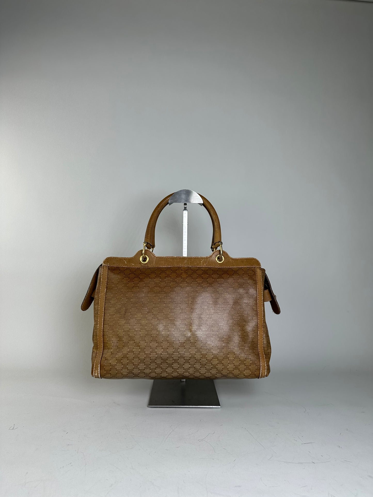 Vintage Celine Canvas Tote Bag Beige Brown Gold