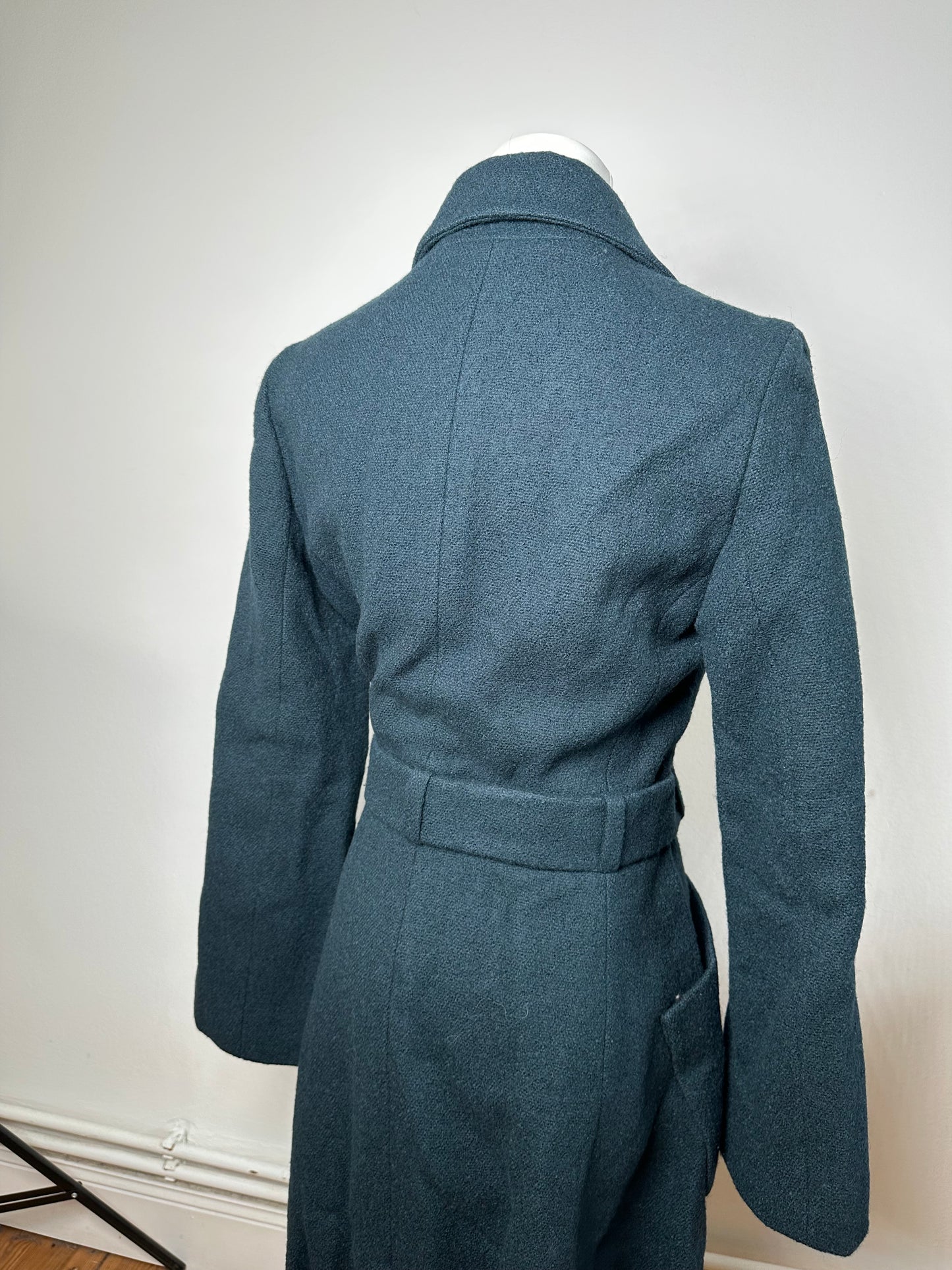 Vintage Celine Paris Wool Single Breasted Belted Trench Coat Teal S