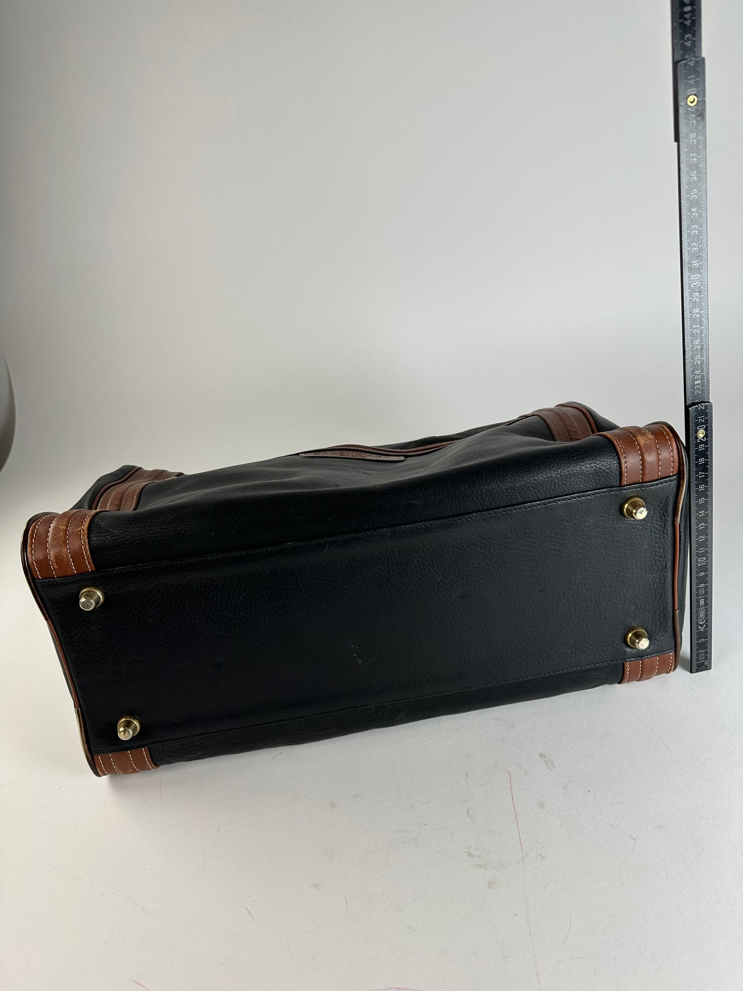 Vintage Balenciaga BB Logo Grained Leather Duffel Bag Black Tan
