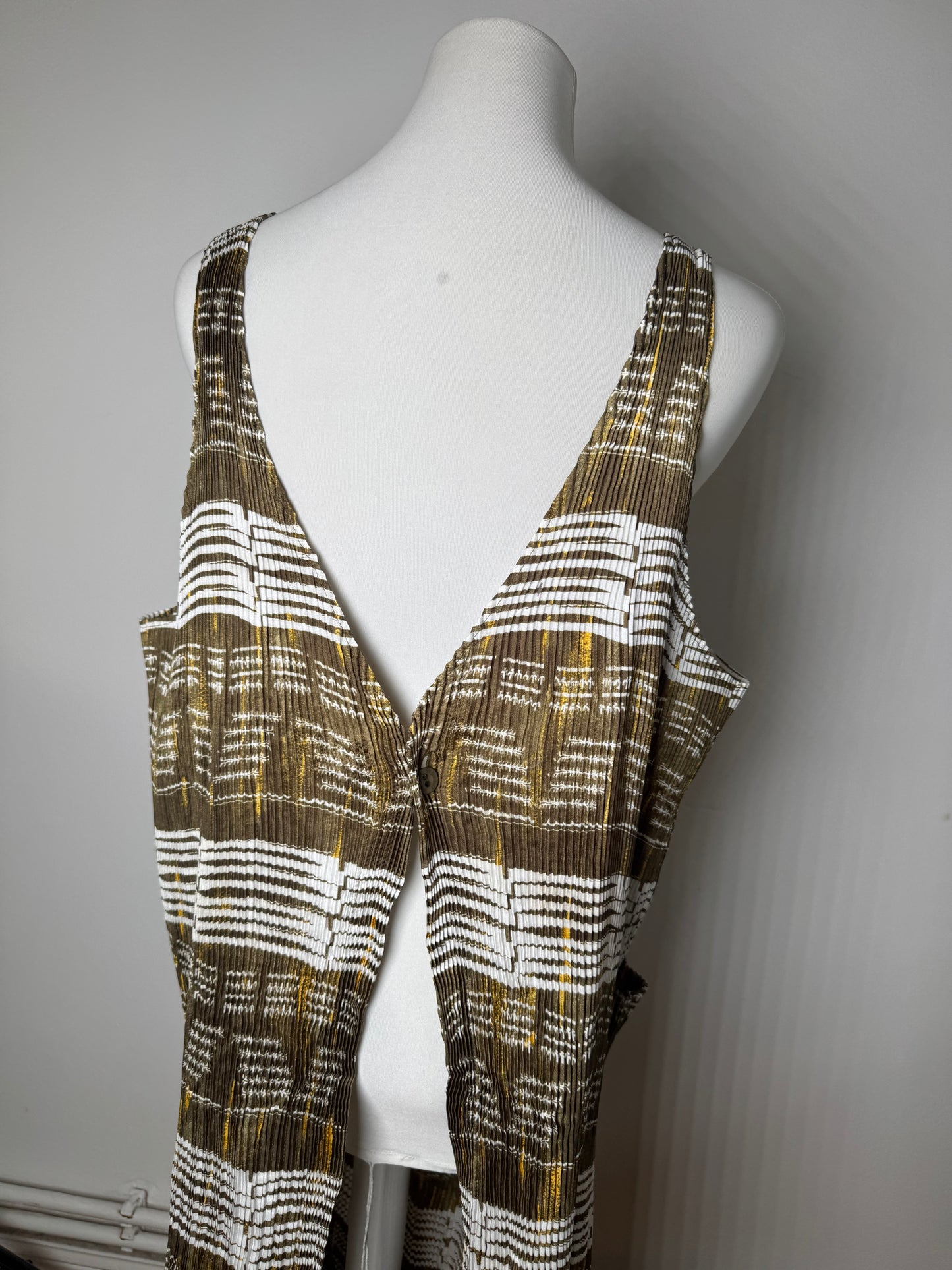 Vintage Issey Miyake Pleats Please Sleeveless Dress Olive Abstract Print