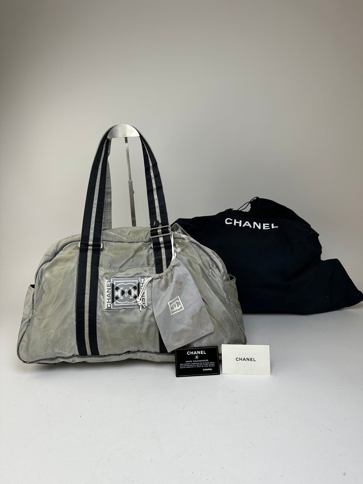 Vintage Chanel Polyester Duffel Bag Silver Black