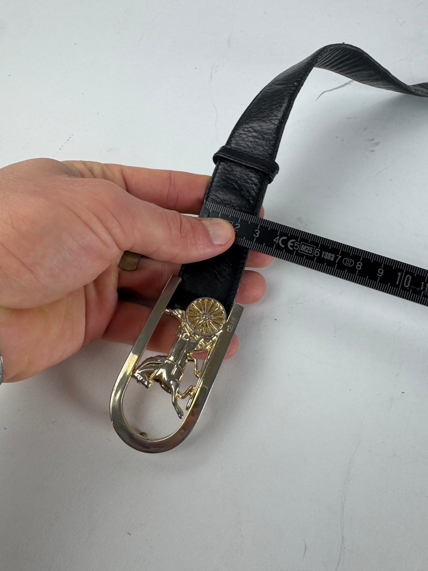 Vintage Celine Paris Carriage Logo Leather Belt Black