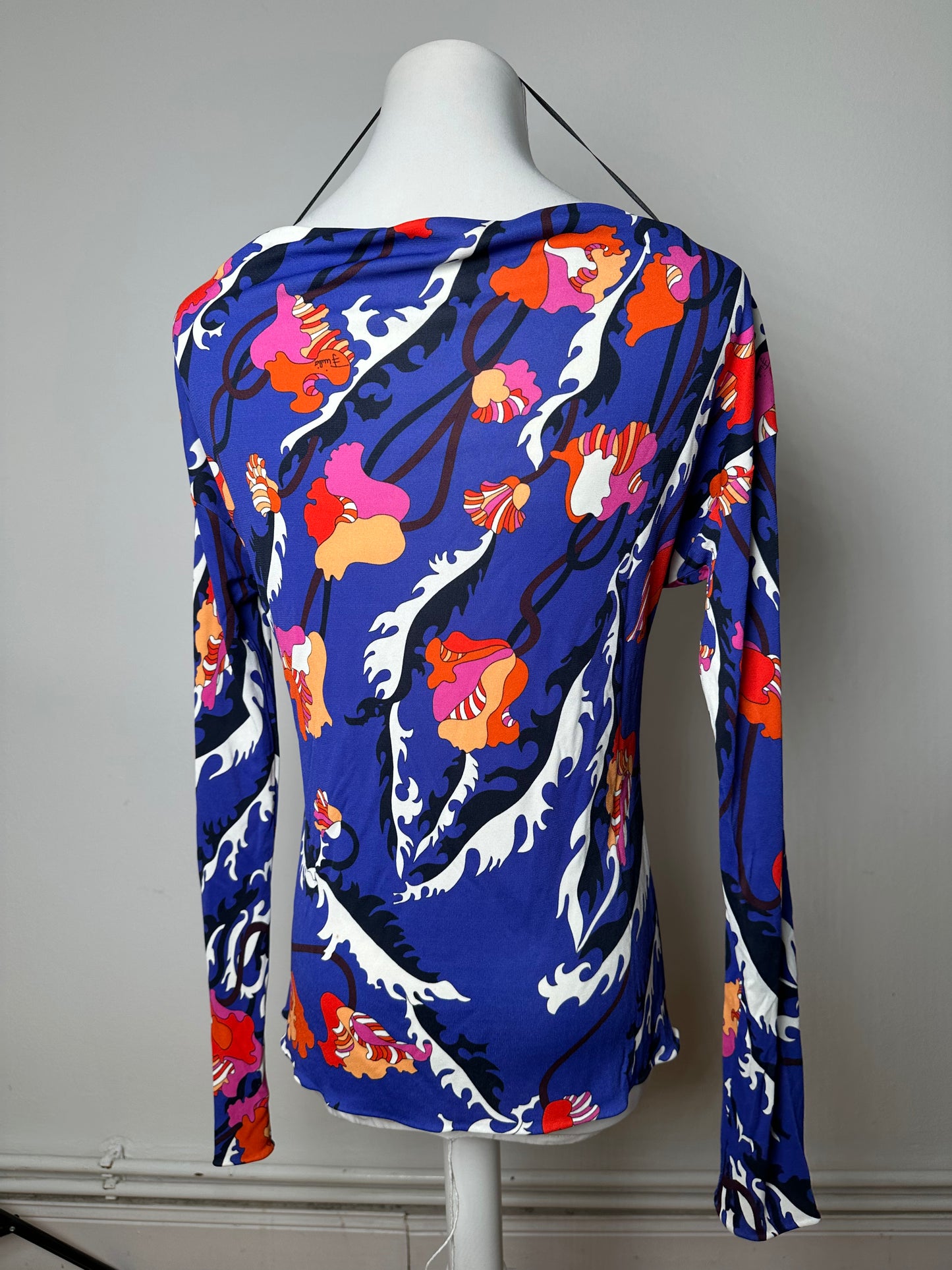 Vintage Emilio Pucci Archivio Floral Silk Viscose Jersey Long Sleeve Top Blue Multicolour
