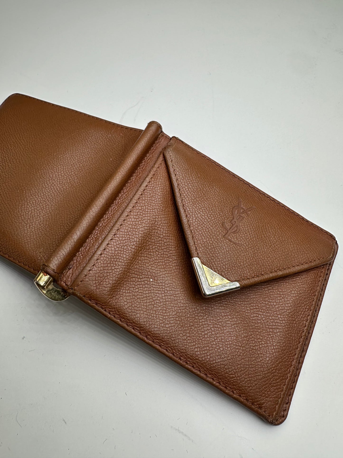 Vintage Saint Laurent Grained Leather Wallet Brown Gold