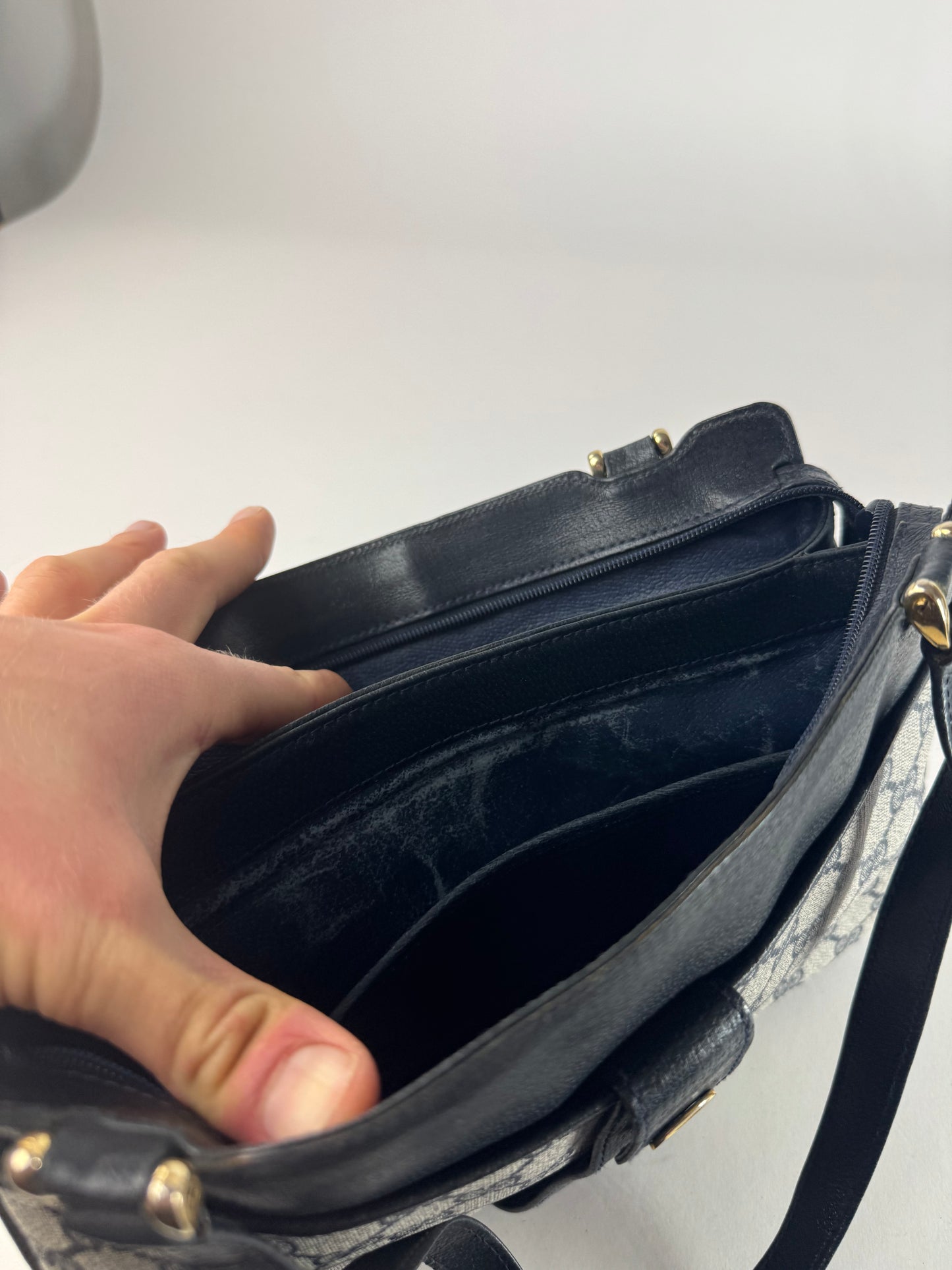 Vintage Gucci Ophidia Monogram Leather Handbag Navy Grey