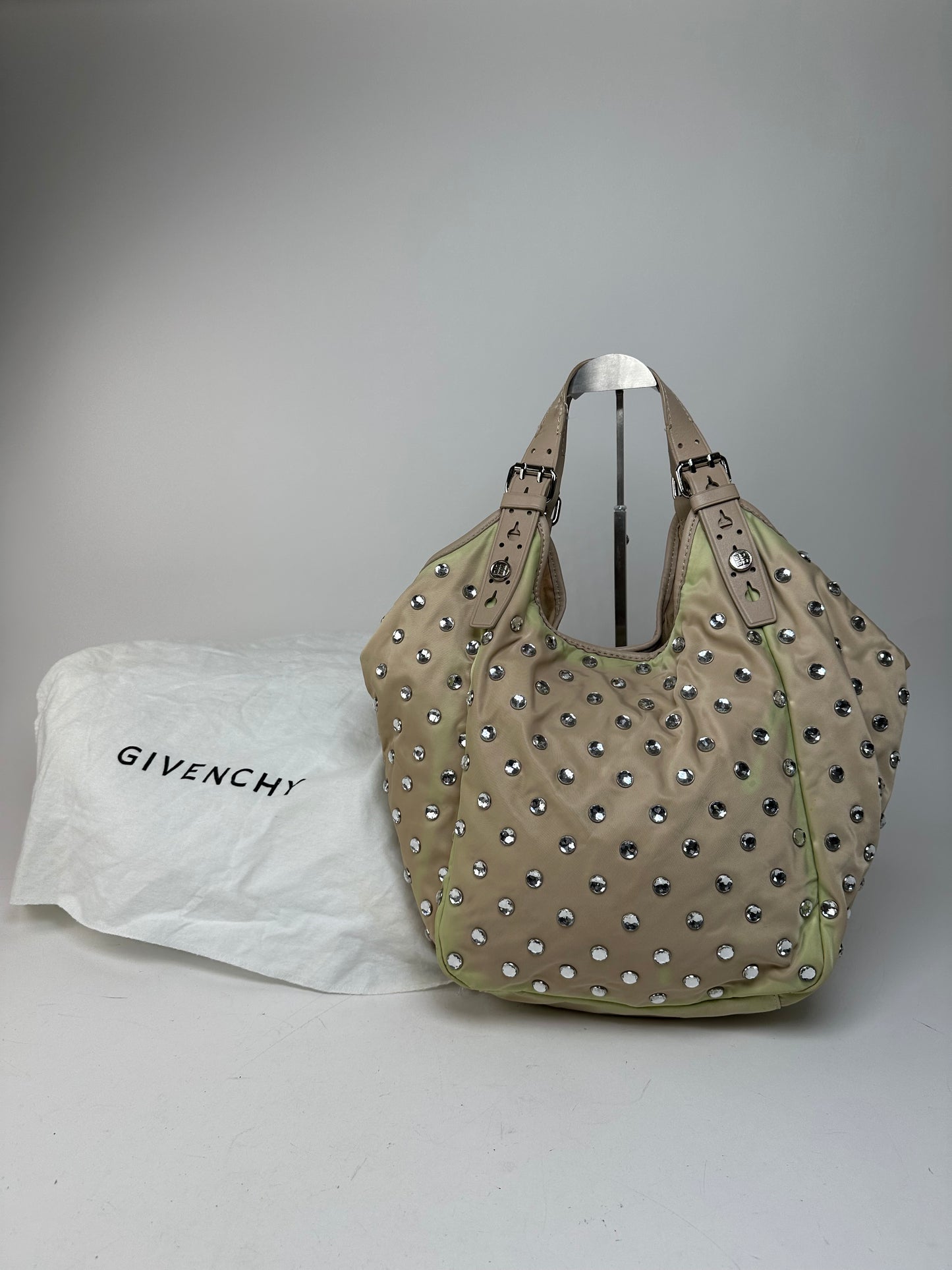 Vintage Givenchy Cristal Polyester Leather Handbag Beige Brown