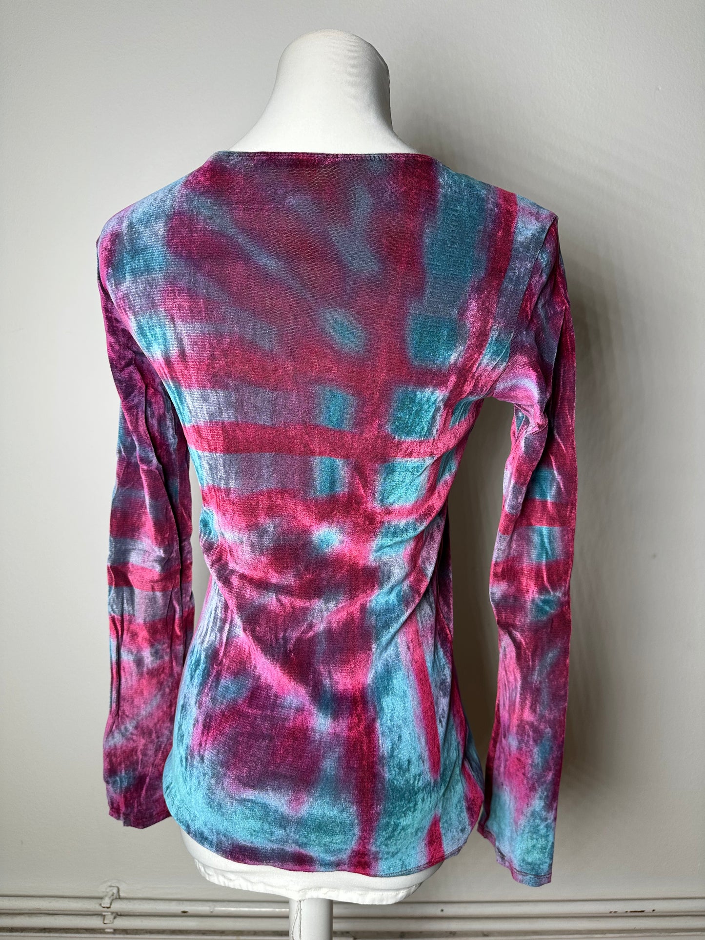 Vintage Issey Miyake Pleated Long Sleeve Top Fuchsia Turquoise Navy M