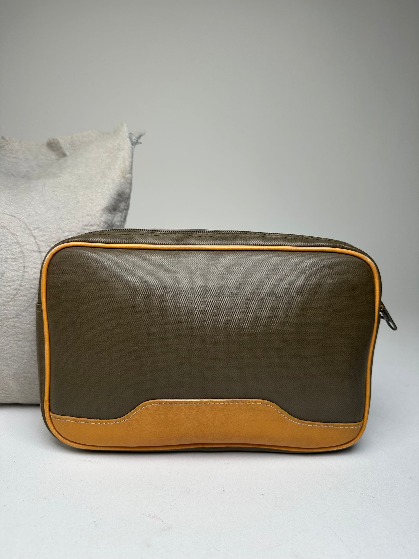 Vintage Dior Canvas Leather Pouch Clutch Khaki Tan