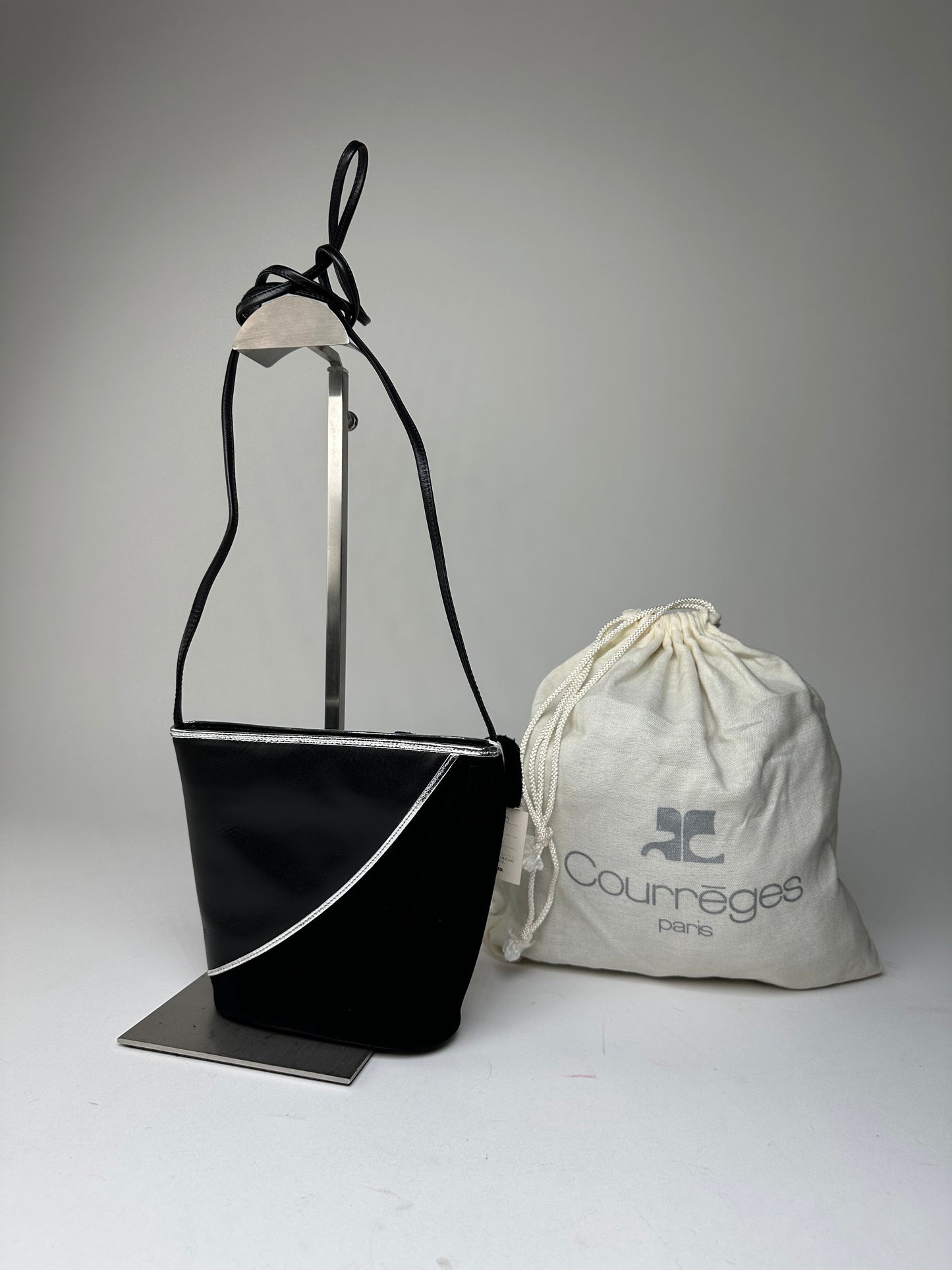 Vintage Courrèges Leather Velvet Crossbody Bag Black Silver New with Tag