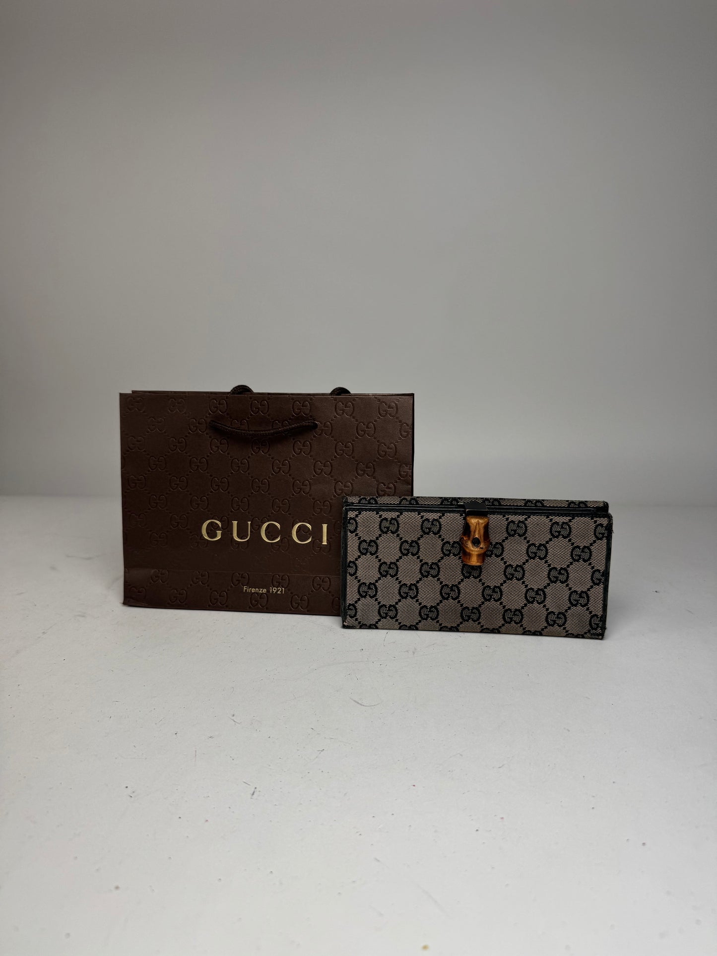Vintage Gucci Monogram Leather Bamboo Wallet Grey Black