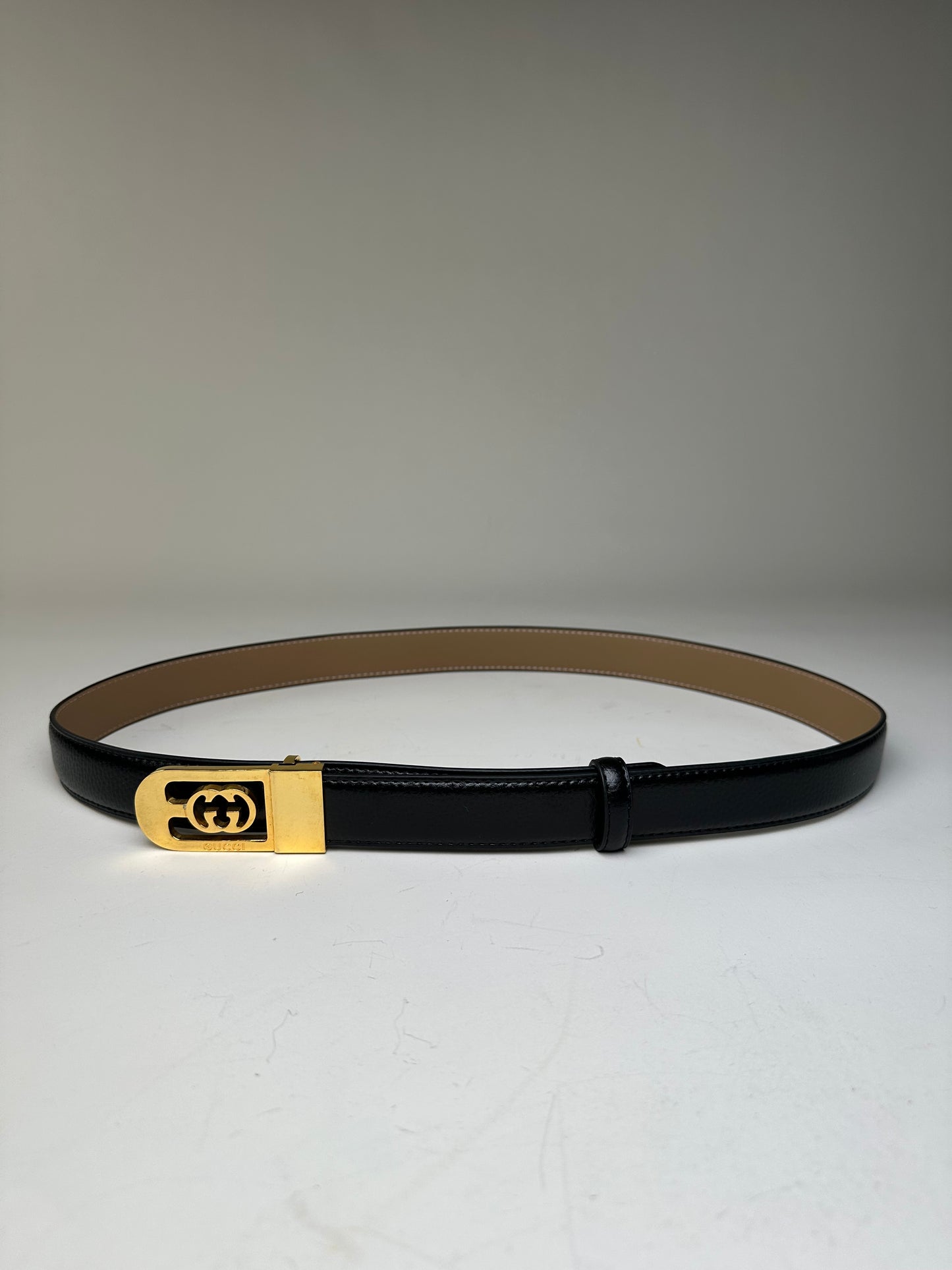 Vintage Gucci GG Logo Leather Belt Black Beige Gold