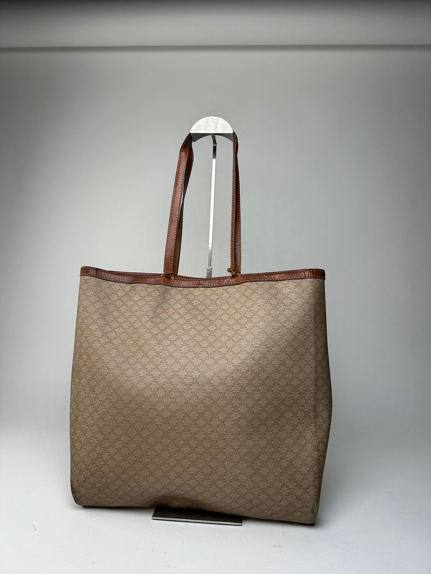 Vintage Celine Paris Triomphe Monogram Canvas Leather Tote Bag Beige Brown