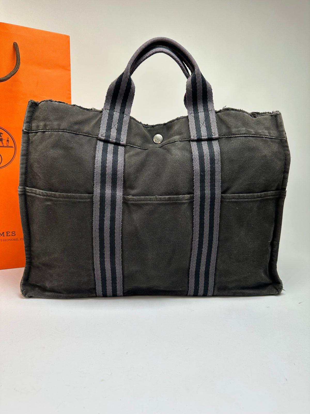 Vintage Hermès Canvas Tote Black Grey Silver