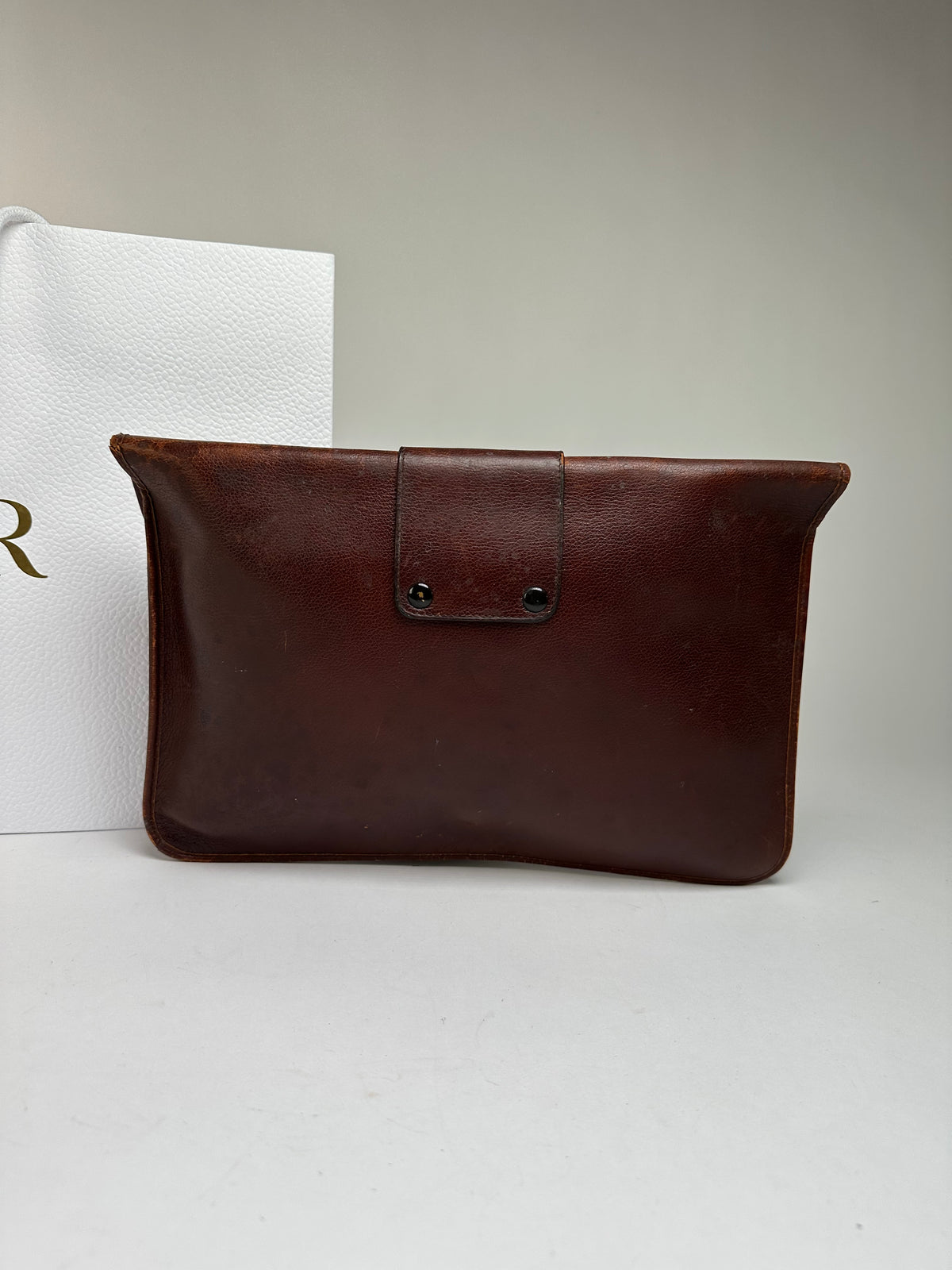 Vintage Dior Grained Leather Flap Clutch Late 1970s Brown