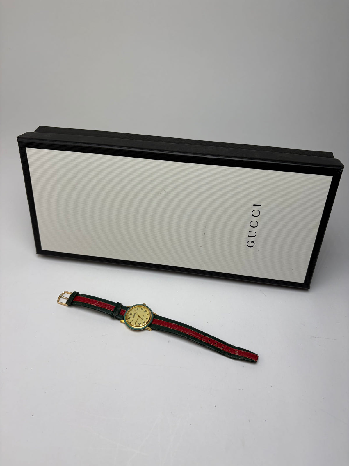 Vintage Gucci Quartz Watch Gold Green Red Stripe c. Late 1980s