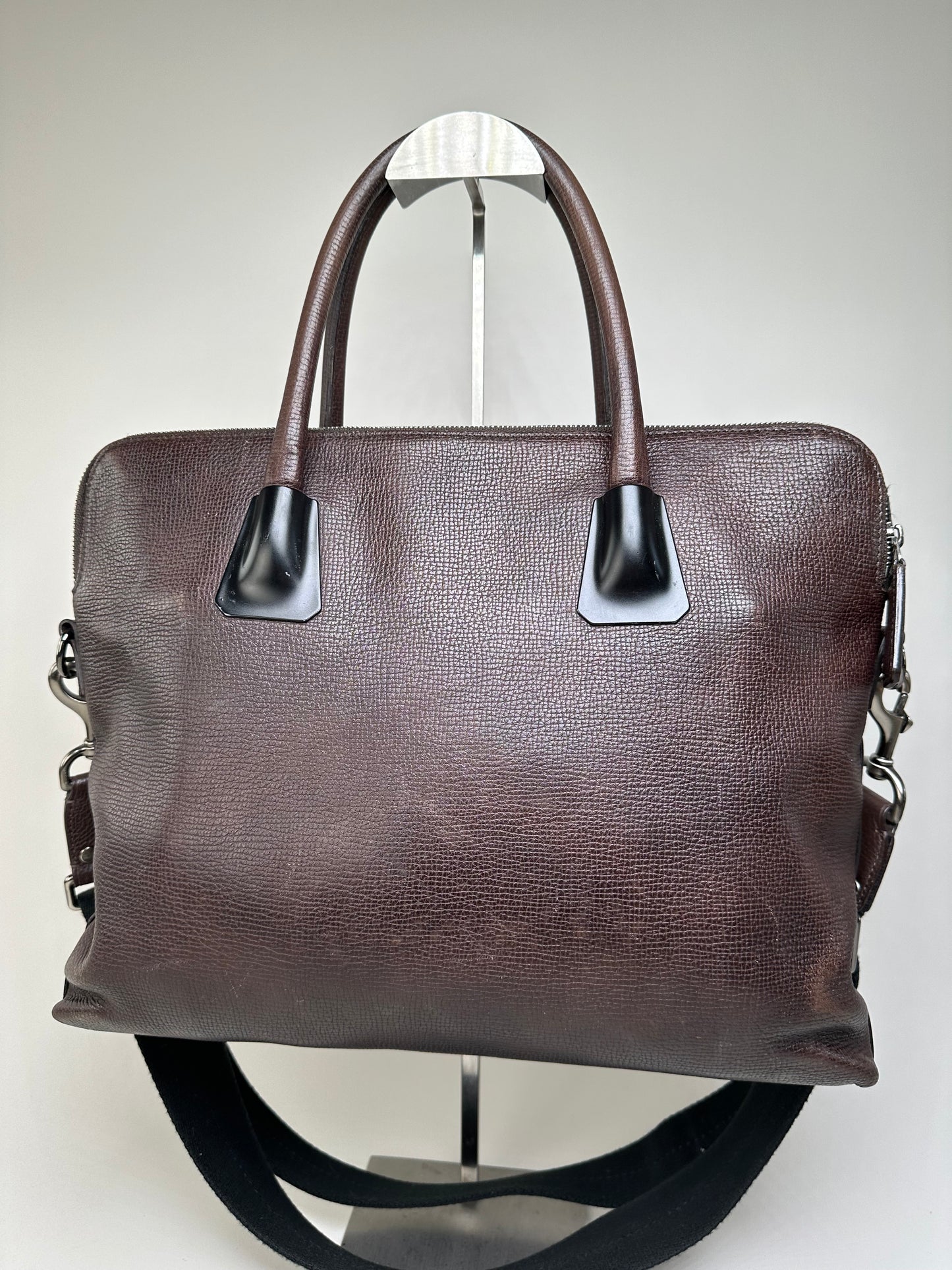 Vintage Ferragamo Textured Leather Tote Dark Brown Silver
