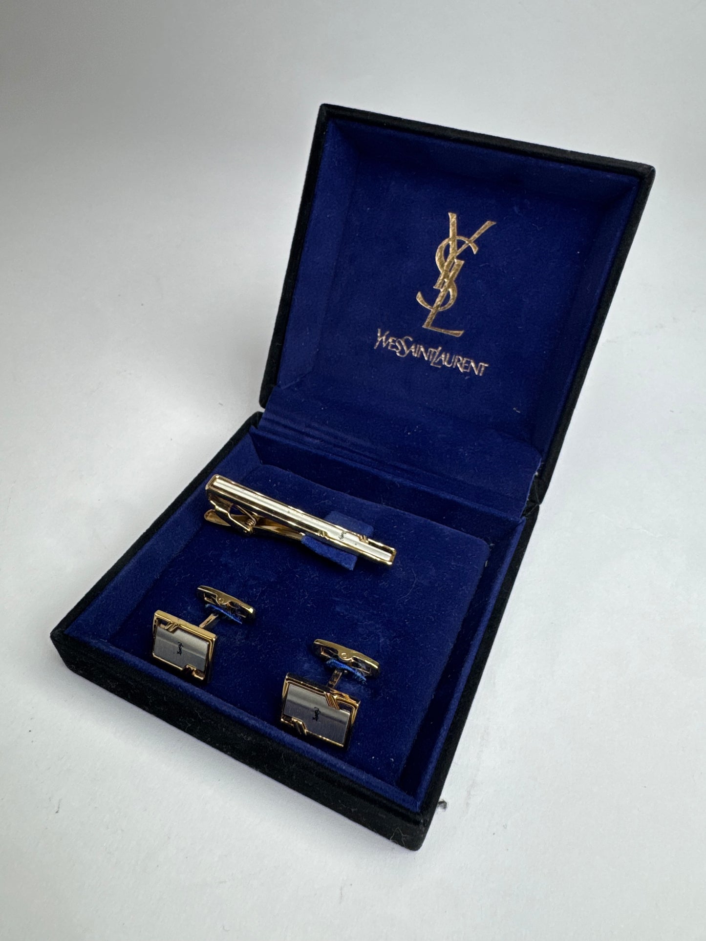 Vintage Yves Saint Laurent Metal Clamp / Cufflink Set Silver Gold