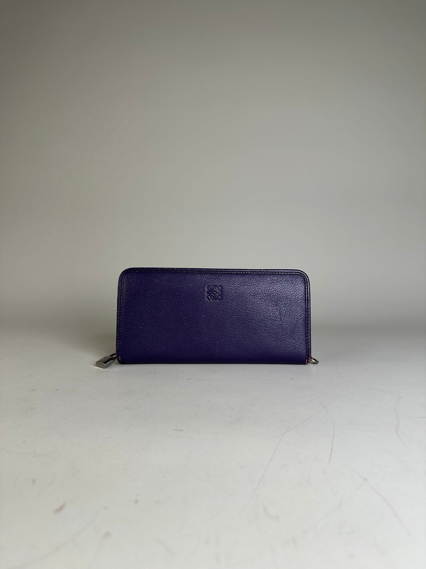 Vintage Loewe Leather Zip Wallet Purple Silver