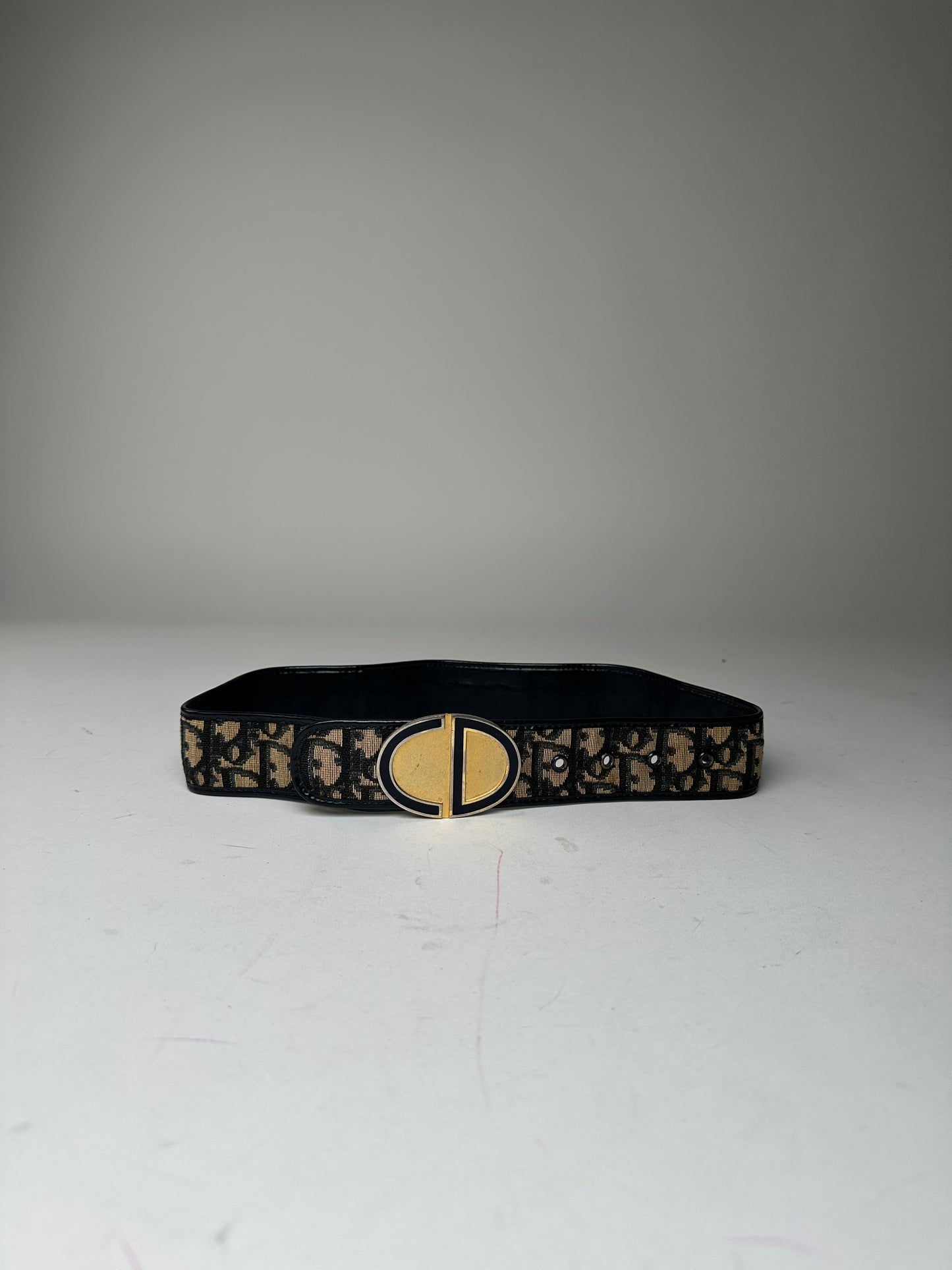 Vintage Dior Oblique Monogram Canvas Leather Belt Navy Beige Gold