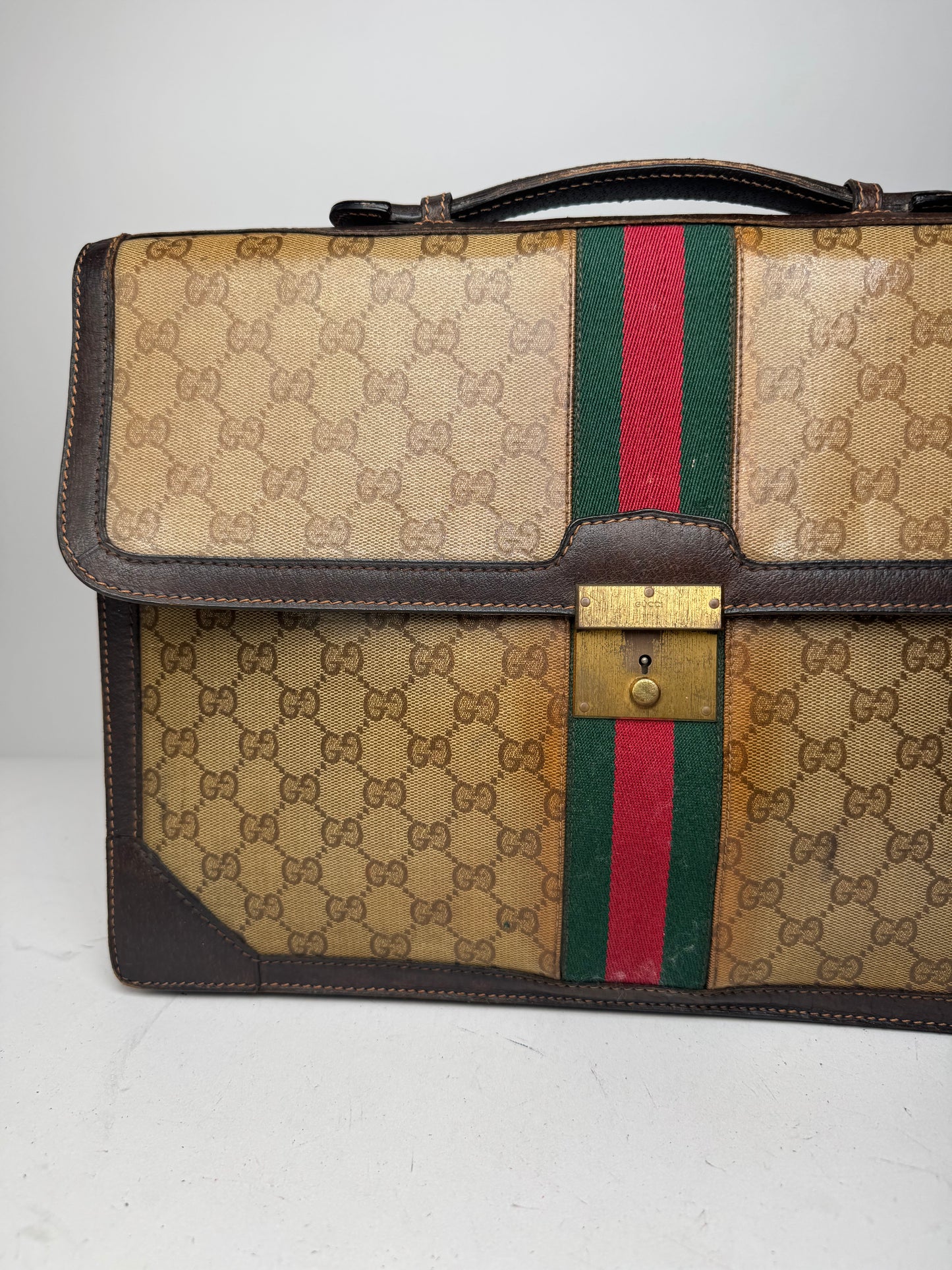 Vintage Gucci Monogram Leather Bruefcase Brown Golden