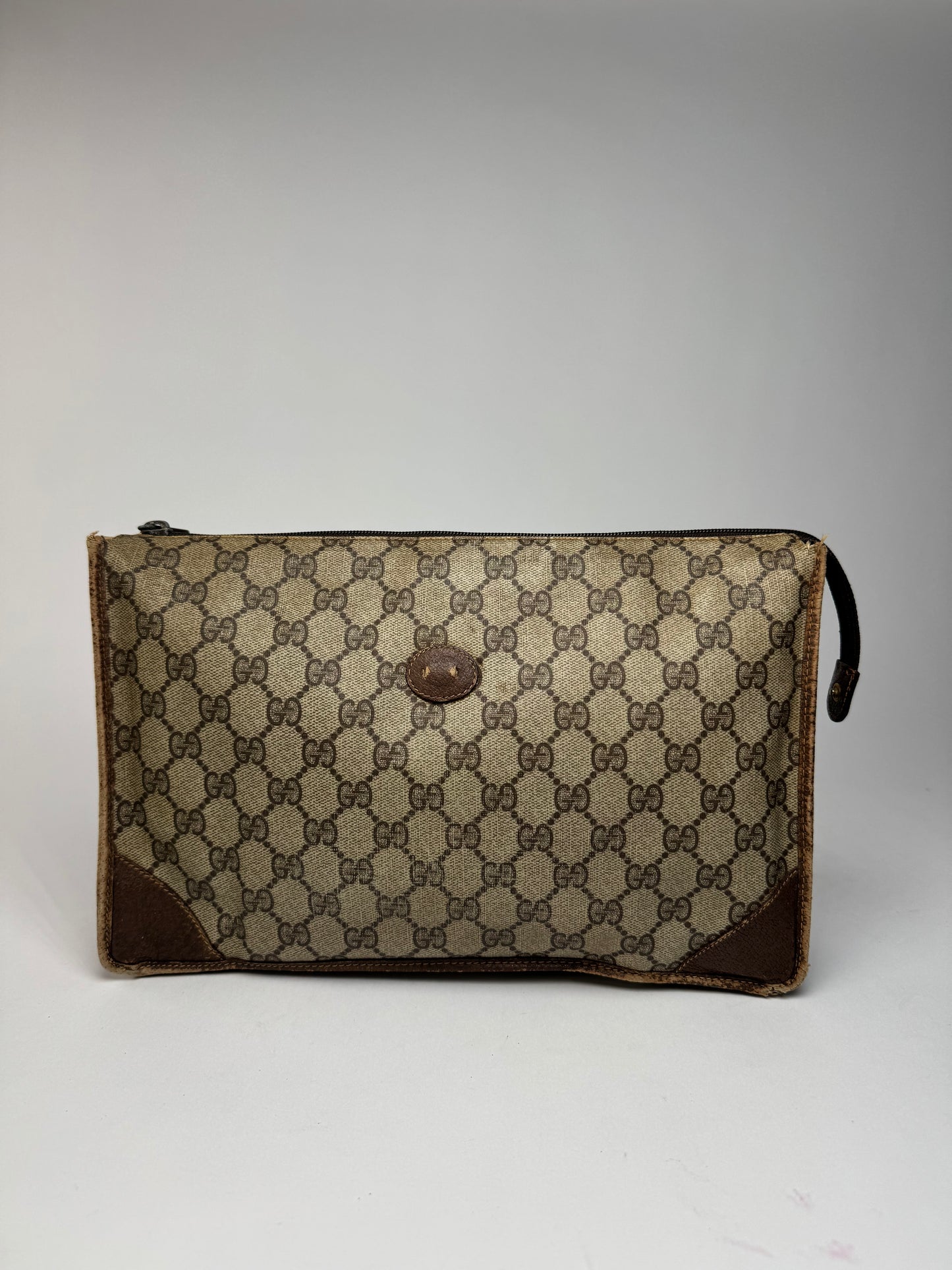 Vintage Gucci Ophidia monogram leather clutch brown gray