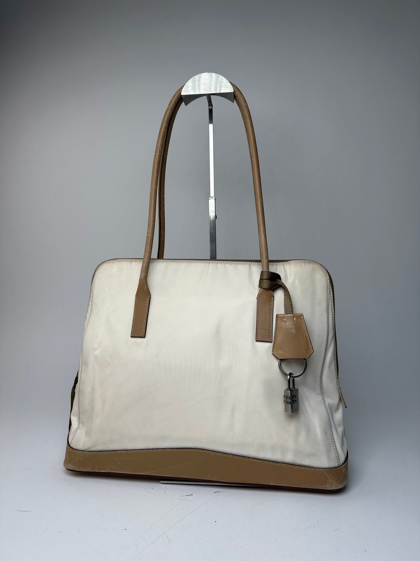 Vintage Prada Polyester / Leather Handbag White Brown