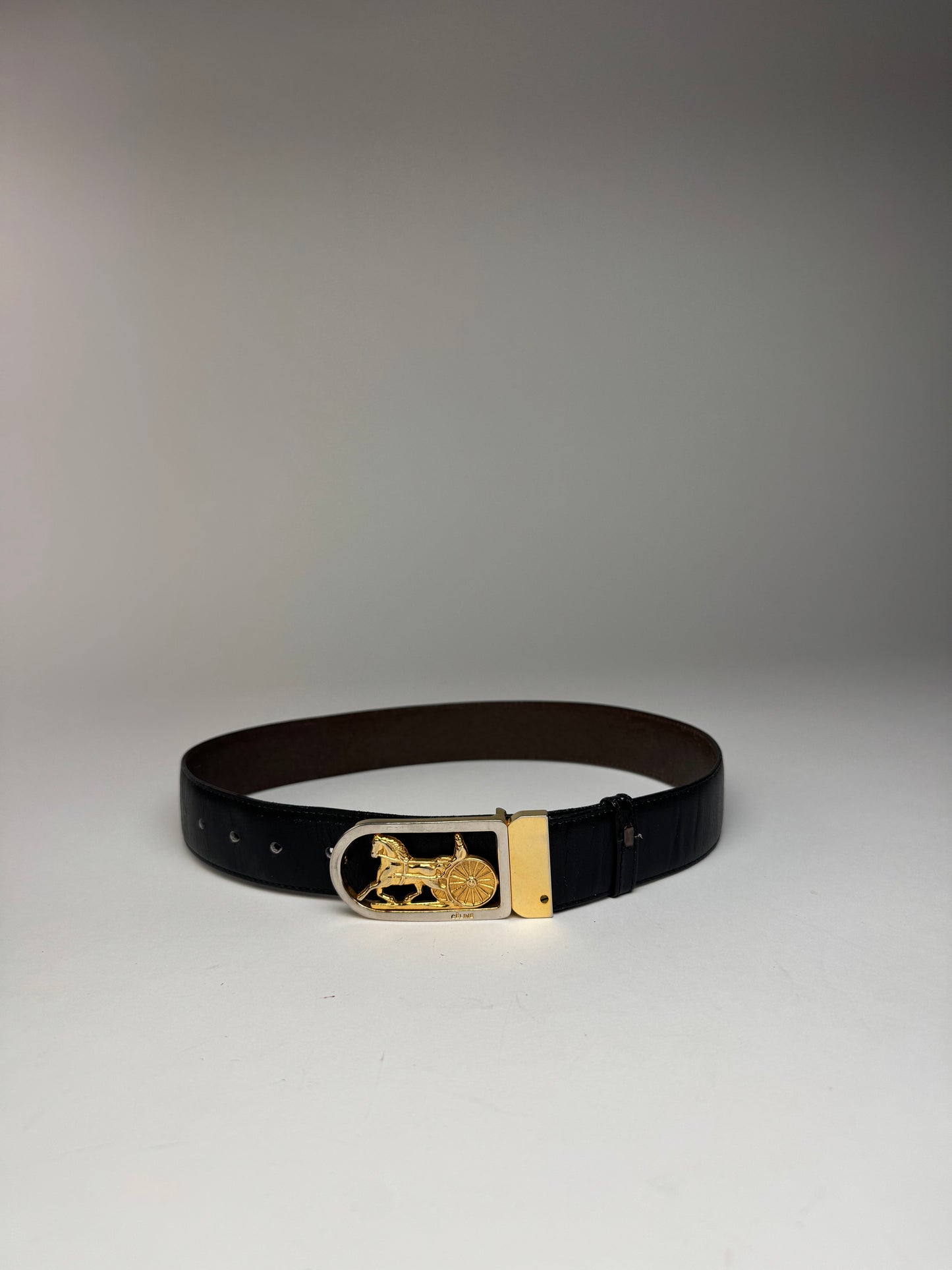 Vintage Celine Paris Carriage Logo Leather Belt black
