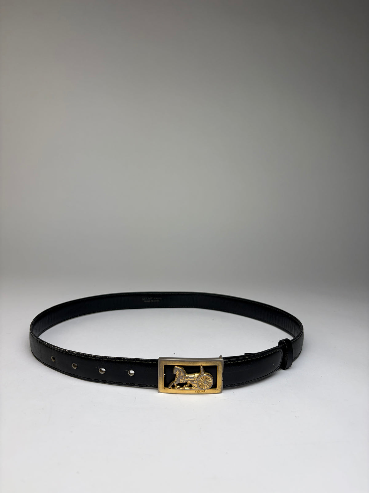 Vintage Celine Leather Horse Carriage Buckle Belt Late 1970s Black
