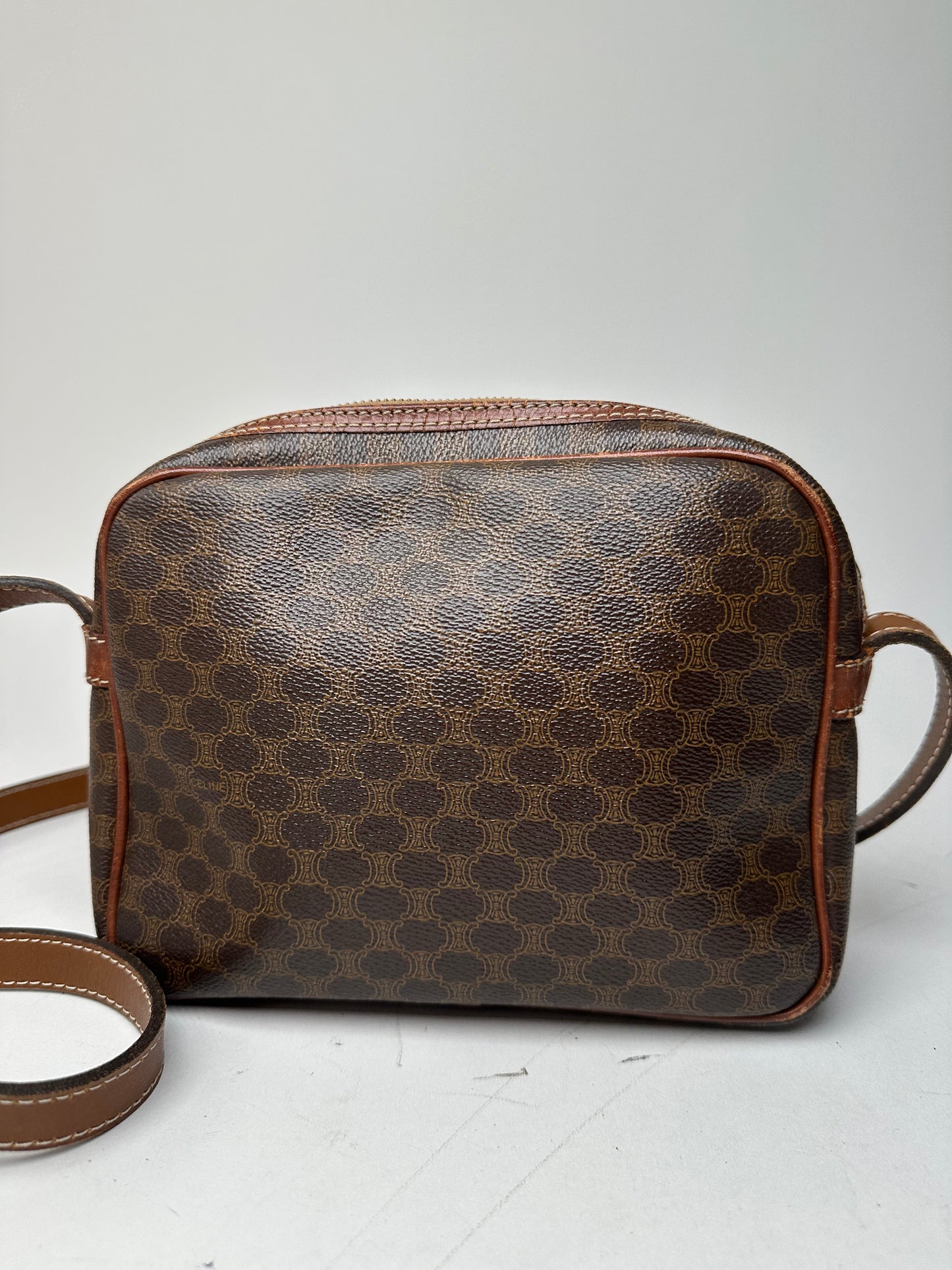 Vintage Celine Paris Triomphe Monogram Leather Shoulder bag Brown