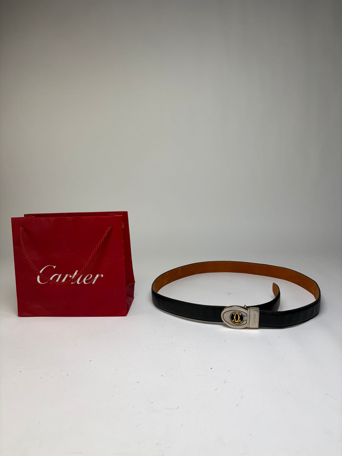 Vintage Cartier Leather Belt Double C Buckle Late 1980s Black Gold