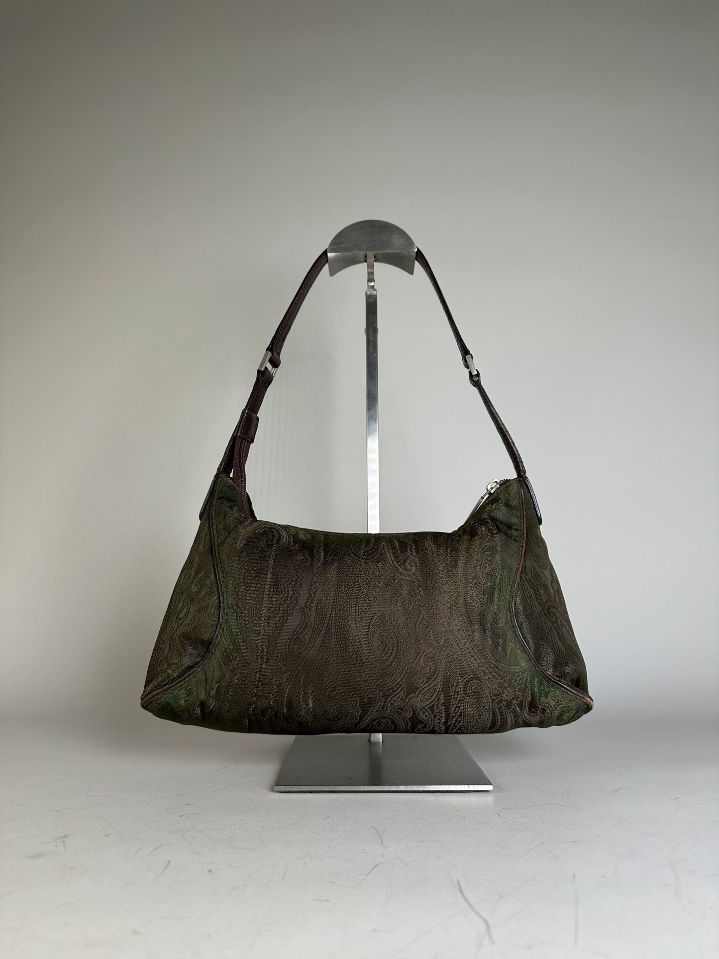 Vintage Etro Silk Blend Shoulder Bag Olive Brown Silver