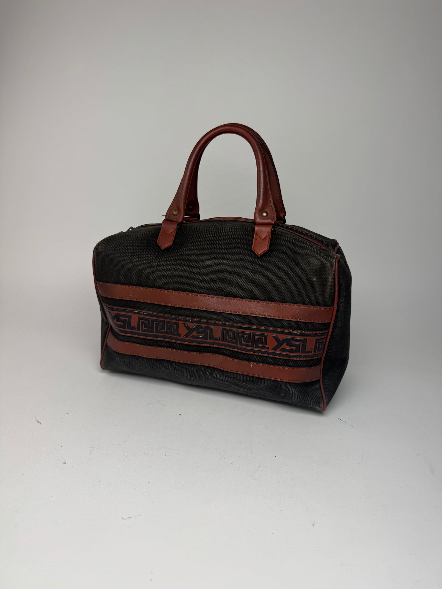 Sac vintage Yves Saint Laurent Mini Boston en cuir et toile noir et marron