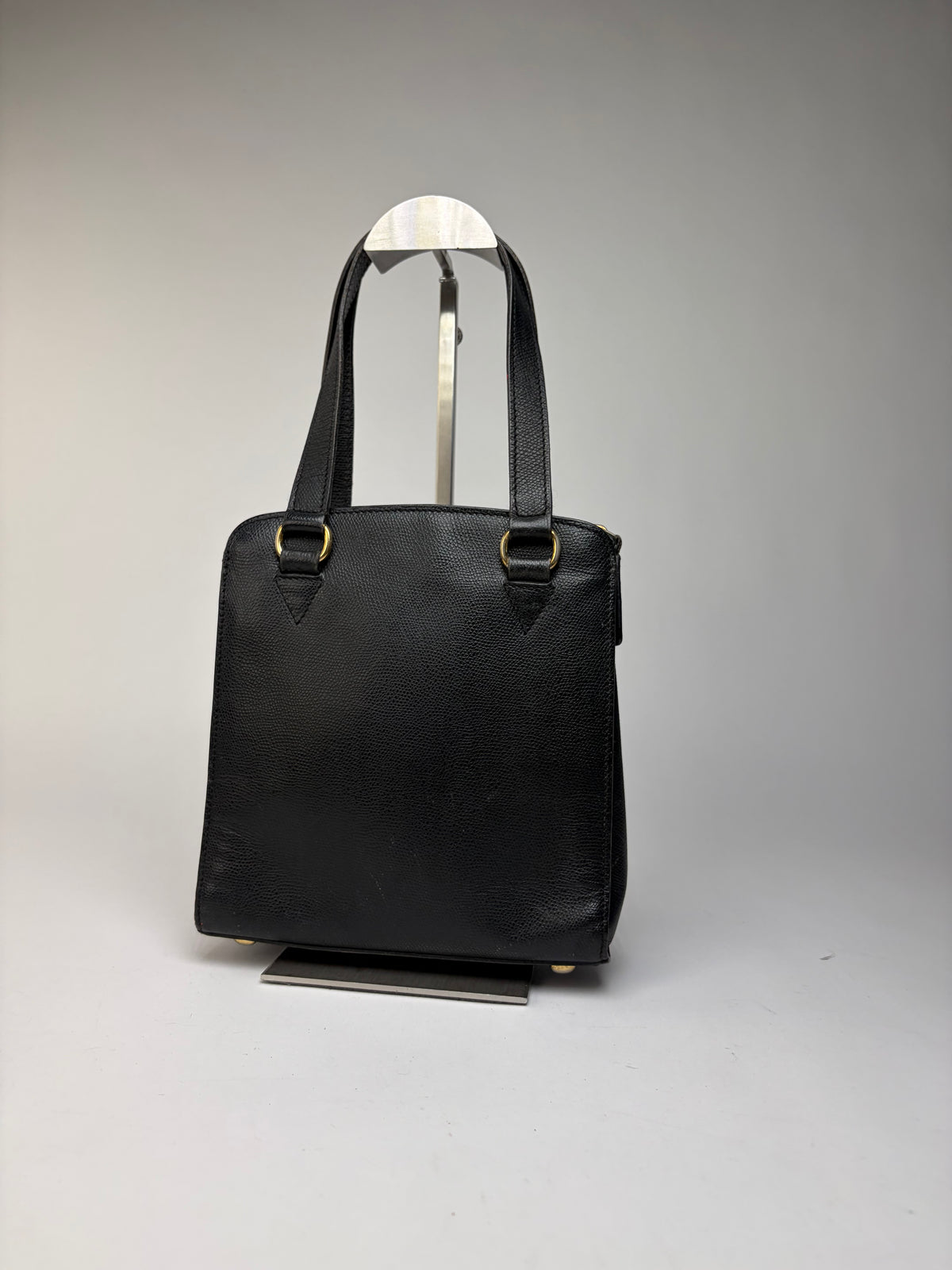 Vintage Celine Structured Grained Leather Top-Handle Bag Late 1980s Black