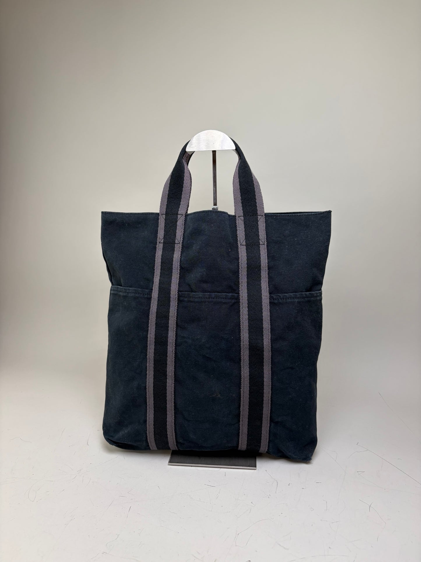 Vintage Hermes Cabas Tote Bag Dark Blue Grey Striped Cotton