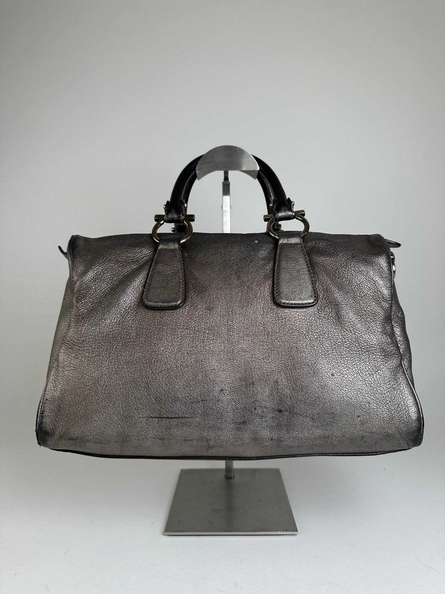 Vintage Salvatore Ferragamo Gancini Leather Bowling Bag Anthracite