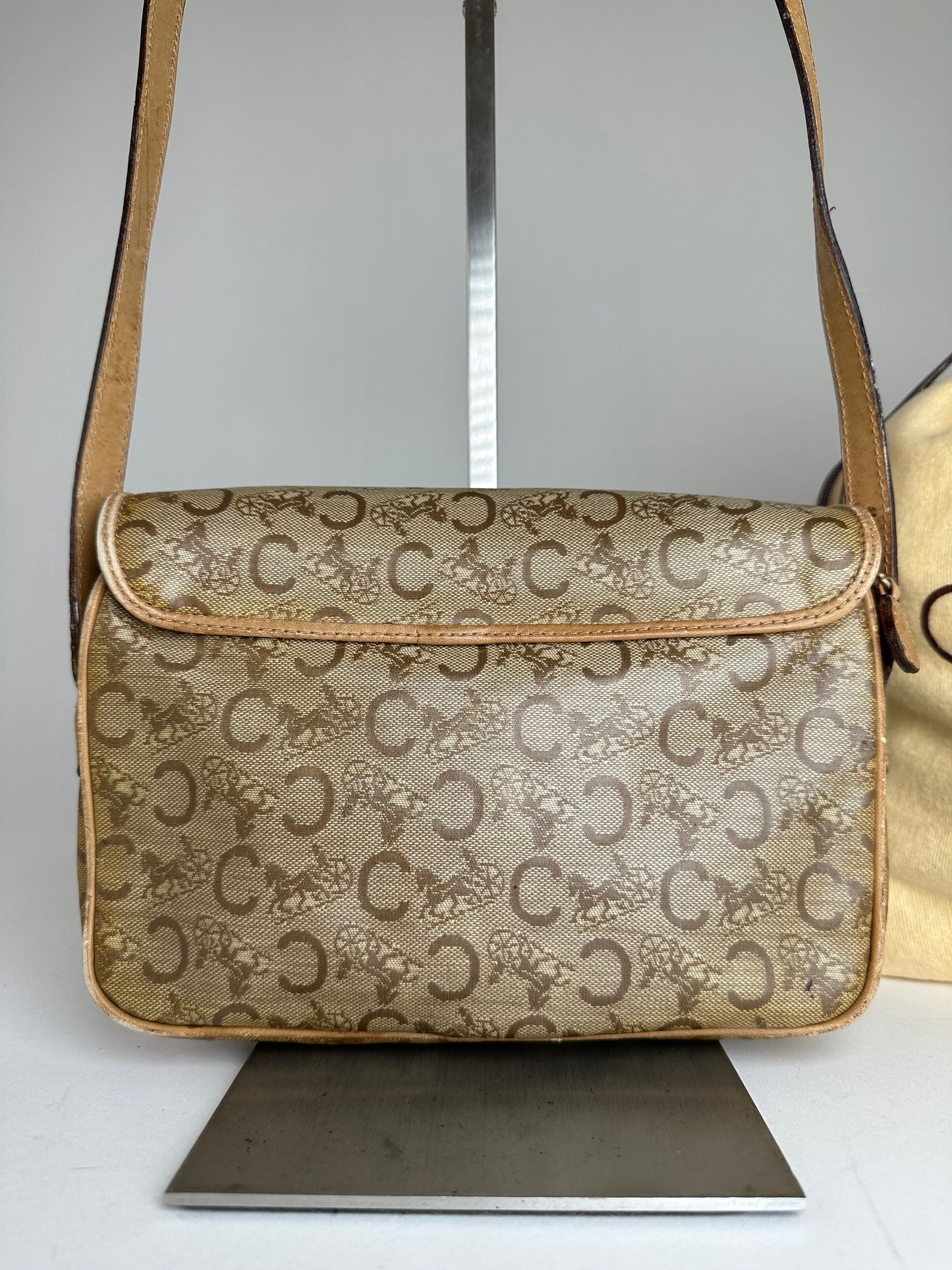 Vintage Celine Paris C Macadam Monogram Coated Canvas Shoulder Bag Beige Brown