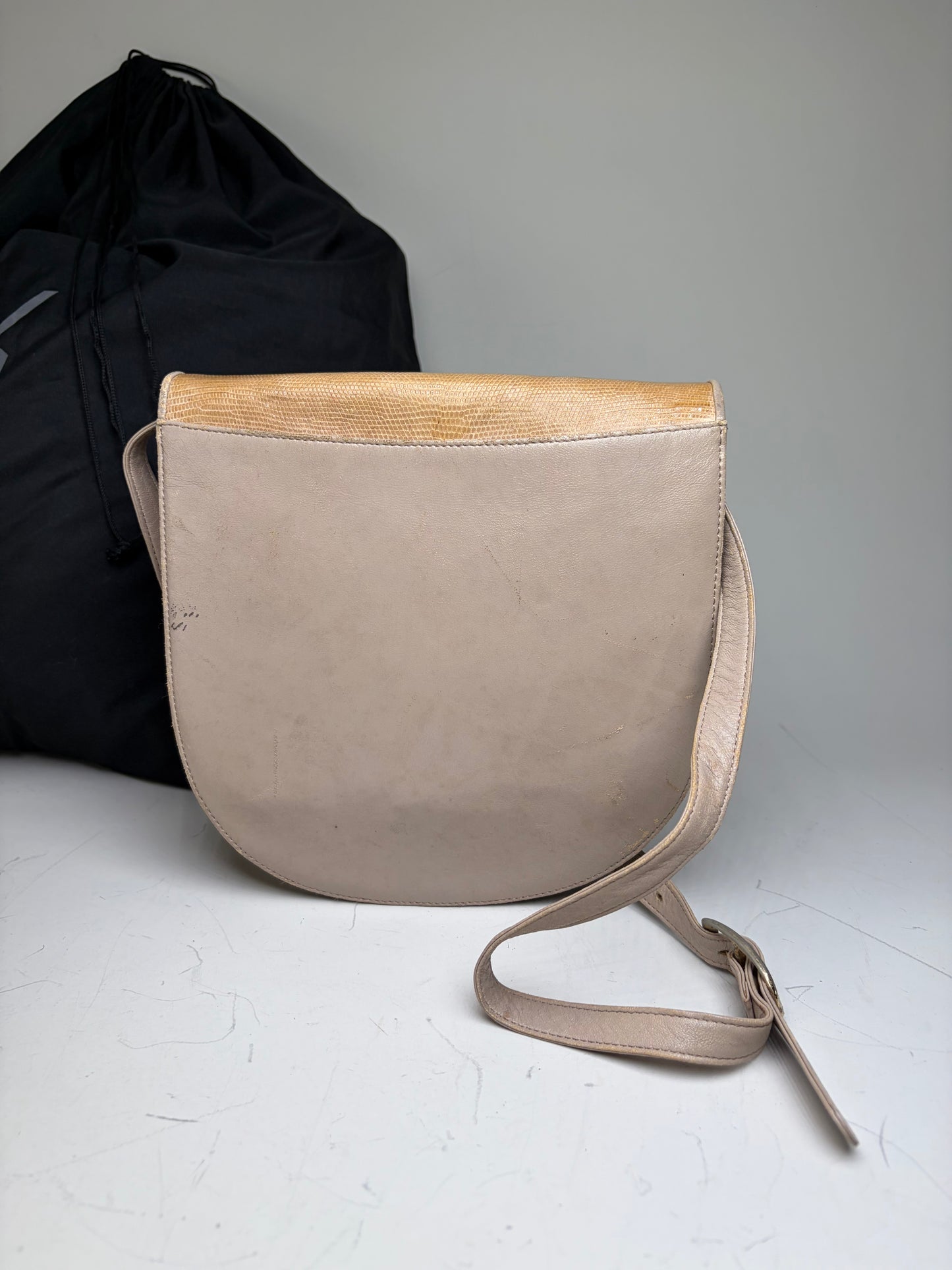 Vintage Yves Saint Laurent Embossed Leather Shoulder Bag Beige Tan