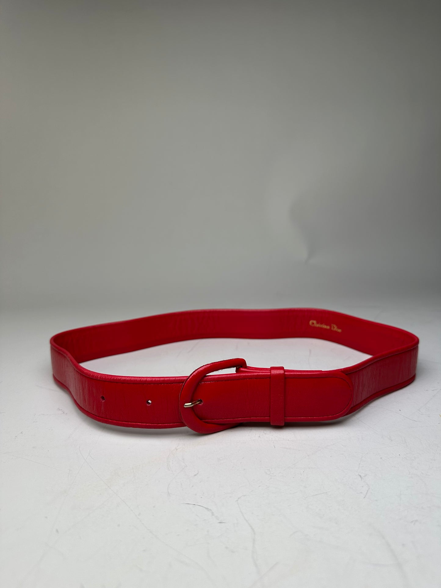Vintage Dior Leather Belt Gold-Tone Buckle Red