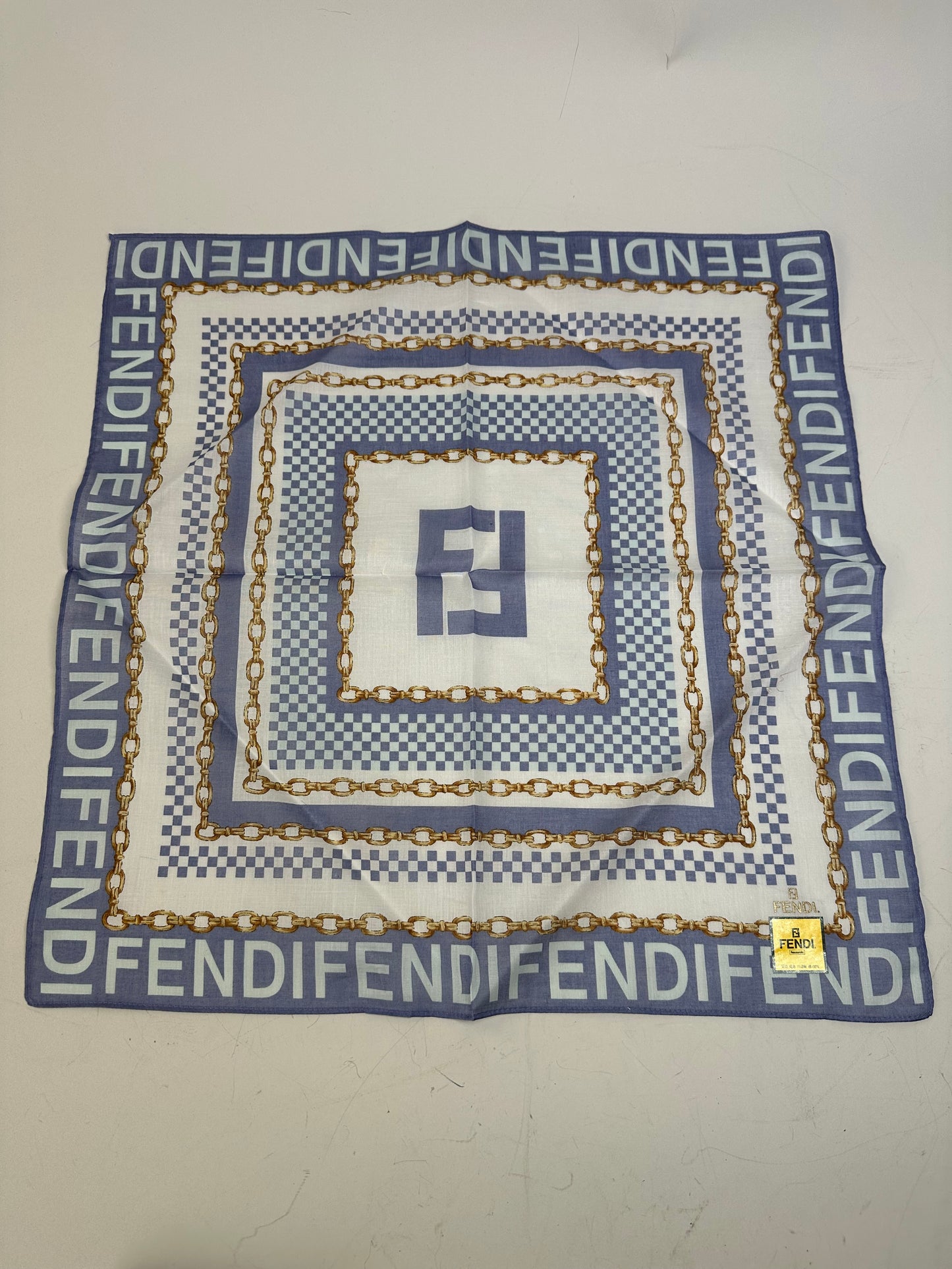 Vintage Fendi FF Logo Silk Scarf Blue White Gold-Tone